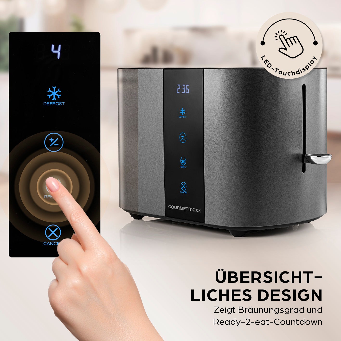 Toaster - Anthrazit mit modernem Design, LED-Touchdisplay zeigt Bräunungsgrad und Ready-2-eat-Countdown für perfekten Toastgenuss.