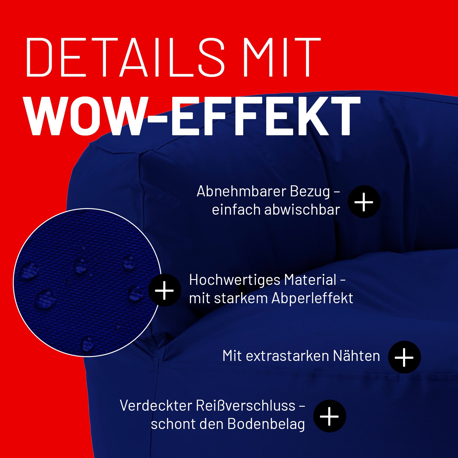 Sitzsack Lounge (320 L) Dunkelblau mit abnehmbarem Bezug, starkem Abperleffekt, extrastarken Nähten und verdecktem Reißverschluss.