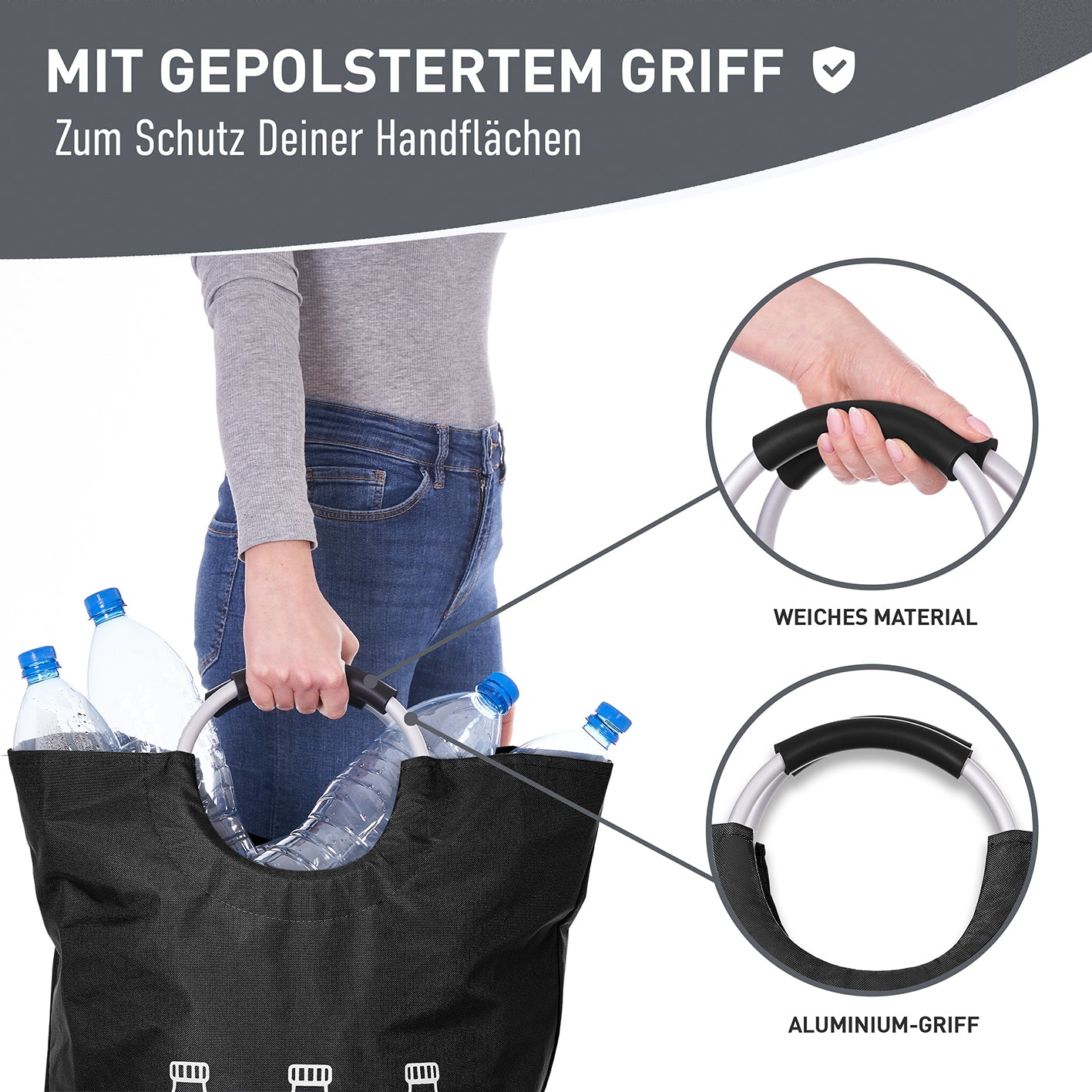 Faltbarer Pfandflaschen Sammelbehälter - Grau mit wasserabweisendem Polyester und gepolstertem Aluminiumgriff zum einfachen Tragen.