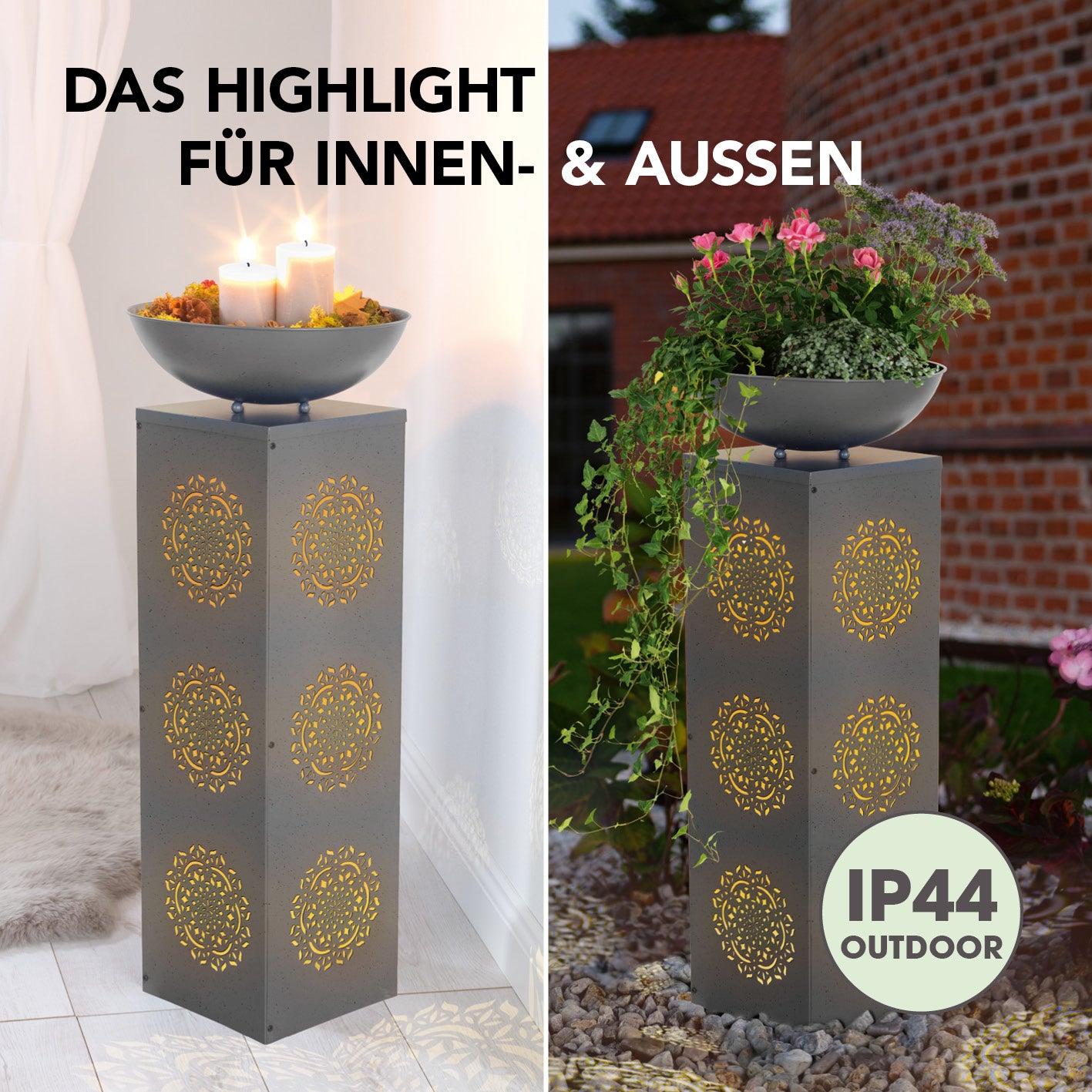 LED-Dekosäule Beton-Optik mit Pflanzschale Mandala, 87 cm, grau, dekorativ mit LED-Beleuchtung für innen und außen, batteriebetrieben, Timerfunktion.
