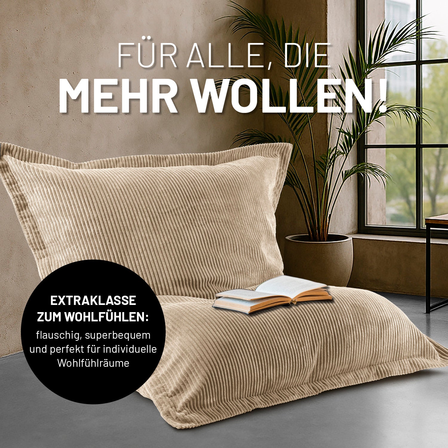 Sitzsack Classic XXL aus der LUMALAND Cord-Reihe 380 L 140x180 cm Beige mit flauschigem, bequemen Cord-Bezug für Wohlfühlräume.