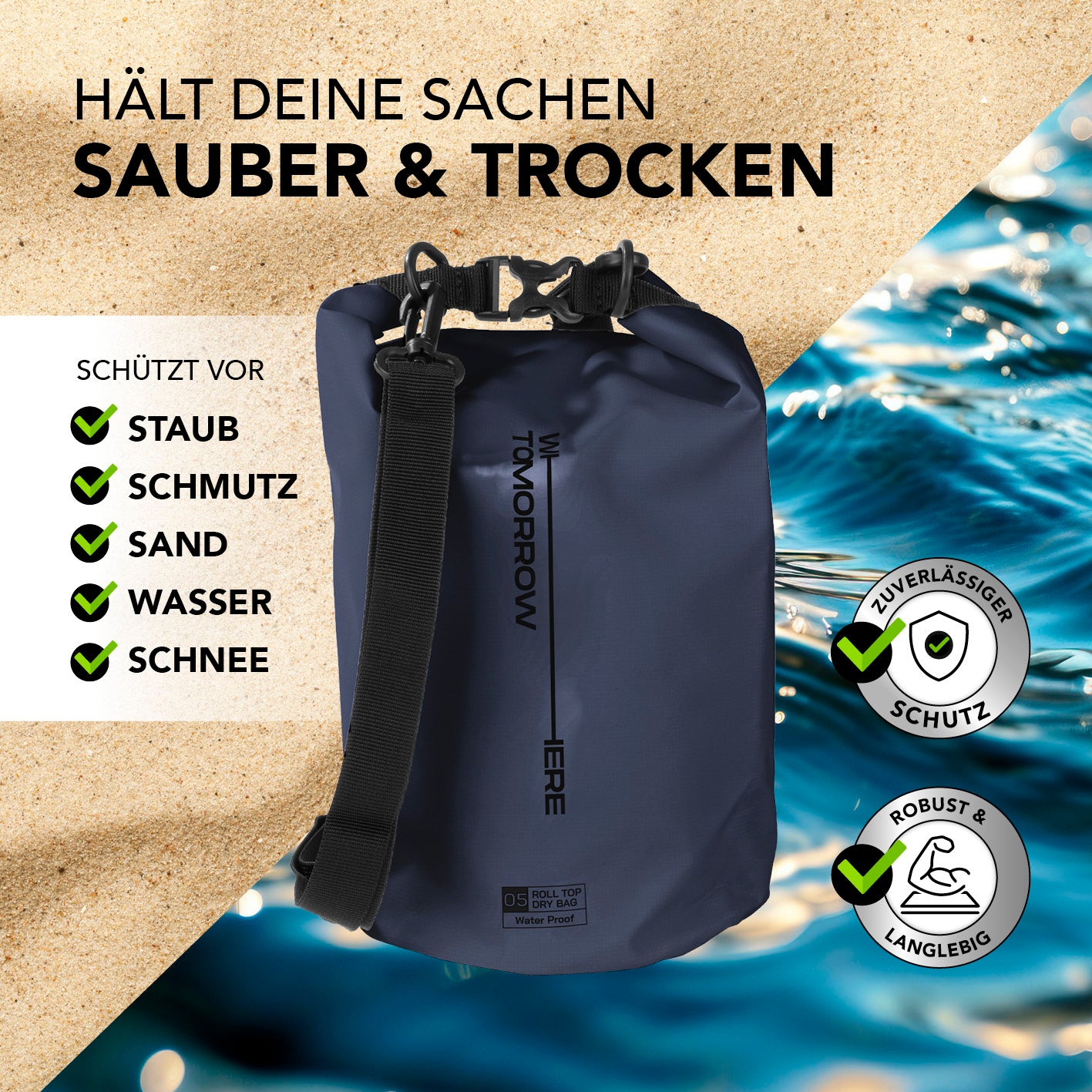Dry Bag 5L - Style 02 - Dunkelblau, wasserdichter Rolltop-Rucksack schützt vor Staub, Schmutz, Sand, Wasser und Schnee, robust & langlebig.