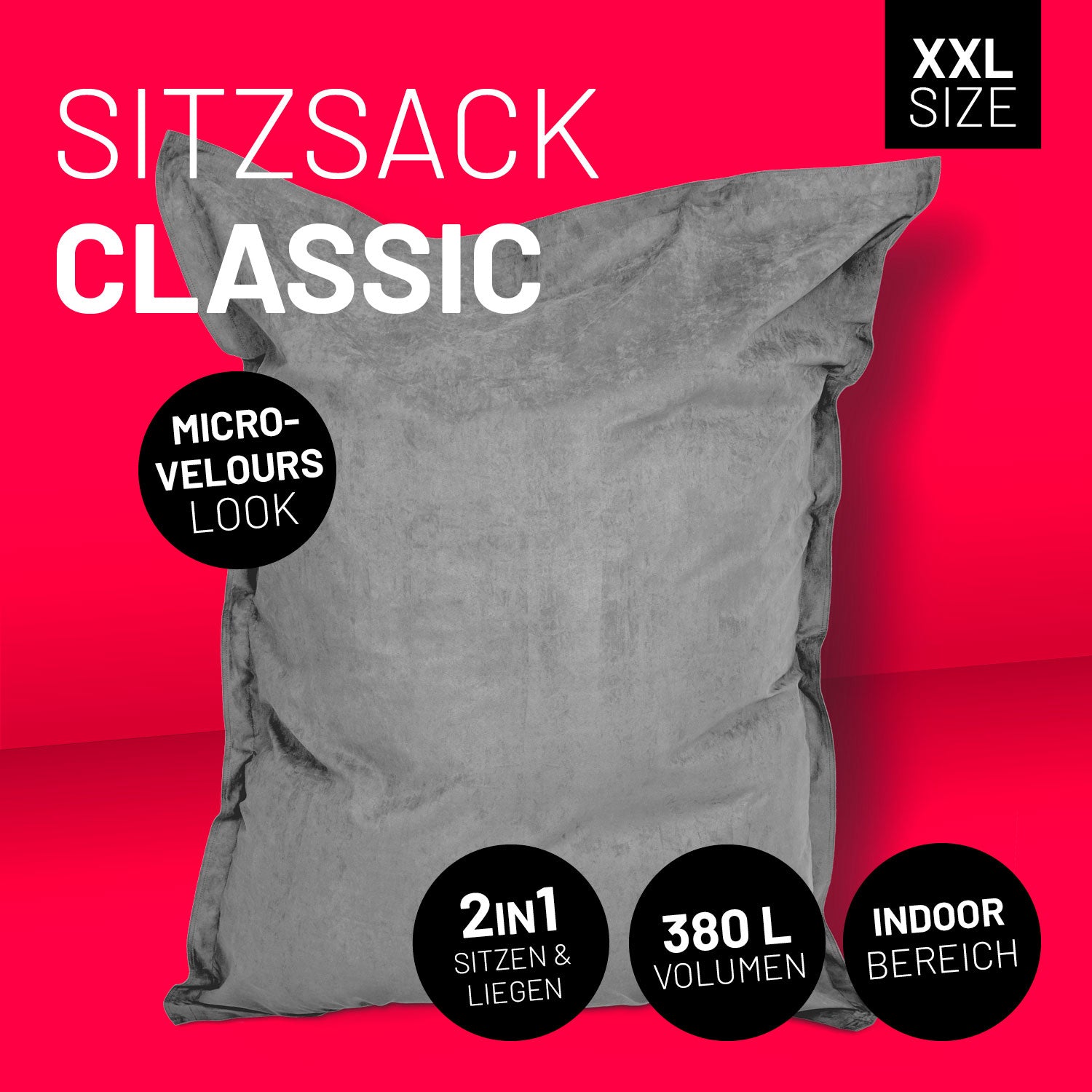 XXL Microvelours Sitzsack (380 L) - grauer Riesensitzsack für entspannte Sitz- und Liegemomente im Indoor-Bereich.