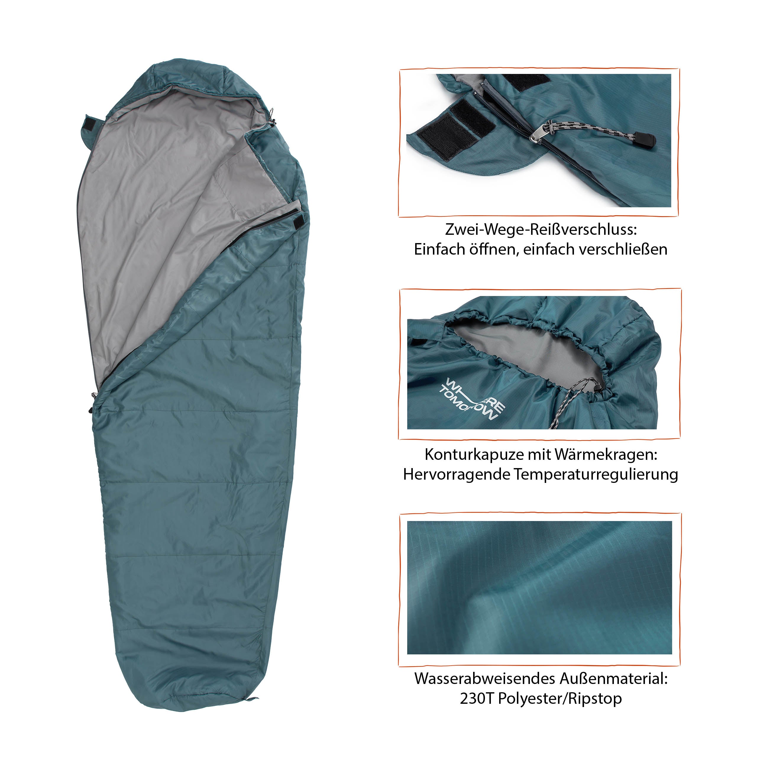 Camping Schlafsack Small & Light Goblinblau mit wasserabweisendem Material, Konturkapuze, Wärmekragen und Zwei-Wege-Reißverschluss.