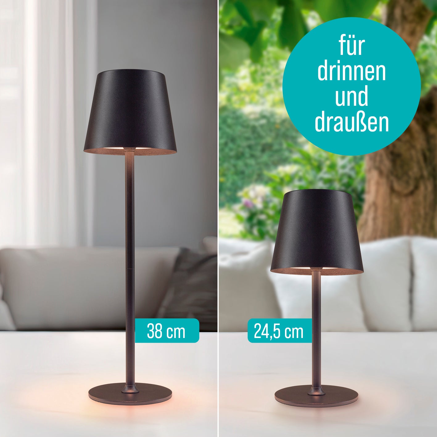 LED-Akku-Tischleuchte in zwei Höhen, warmweißes Licht, dimmbar, kabellos und wetterfest für drinnen und draußen.