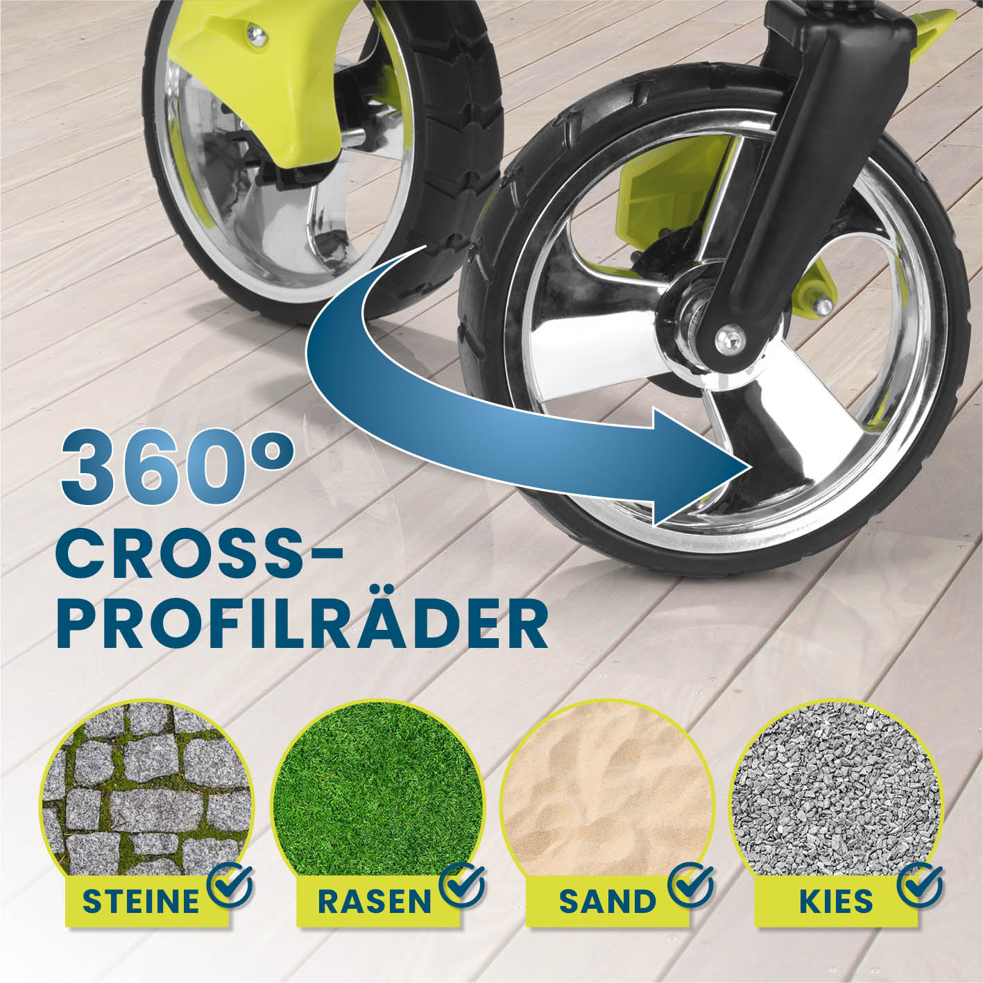 Faltbarer Bollerwagen - Schwarz mit 360°-Vorderrädern, ideal für Stein, Rasen, Sand und Kies, robust und vielseitig einsetzbar.
