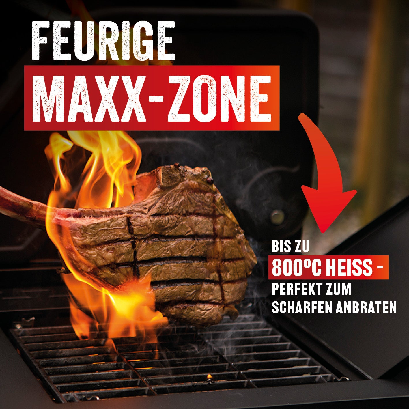Triton 3.1 maxX Gasgrill mit Infrarotseitenbrenner zeigt Steak über offener Flamme in feuriger MaxX-Zone bis zu 800 Grad heiß.