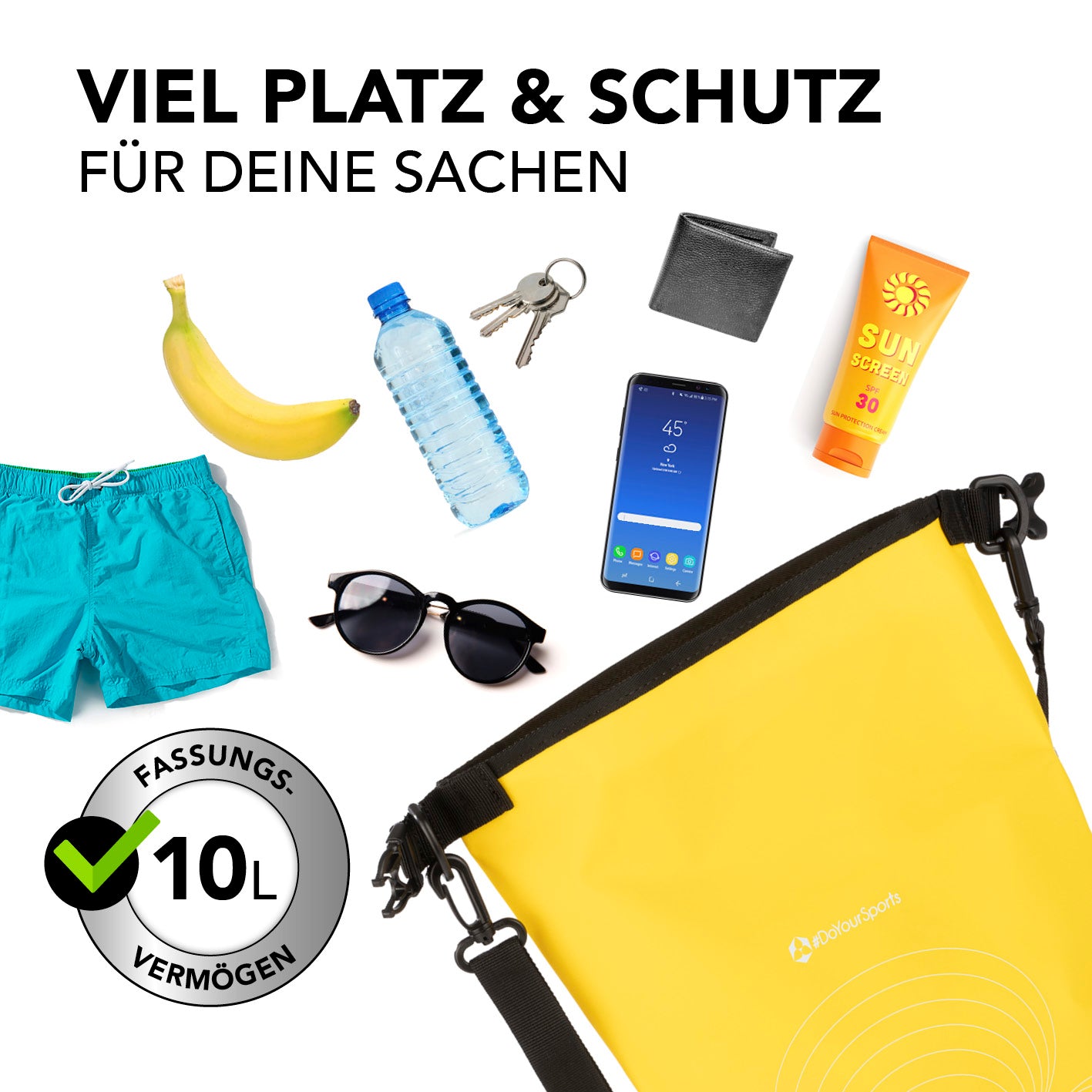 Dry Bag 10L - Gelb wasserdichter Rucksack mit großem Fassungsvermögen für Outdoor, schützt Handy, Schlüssel, Sonnencreme und mehr.