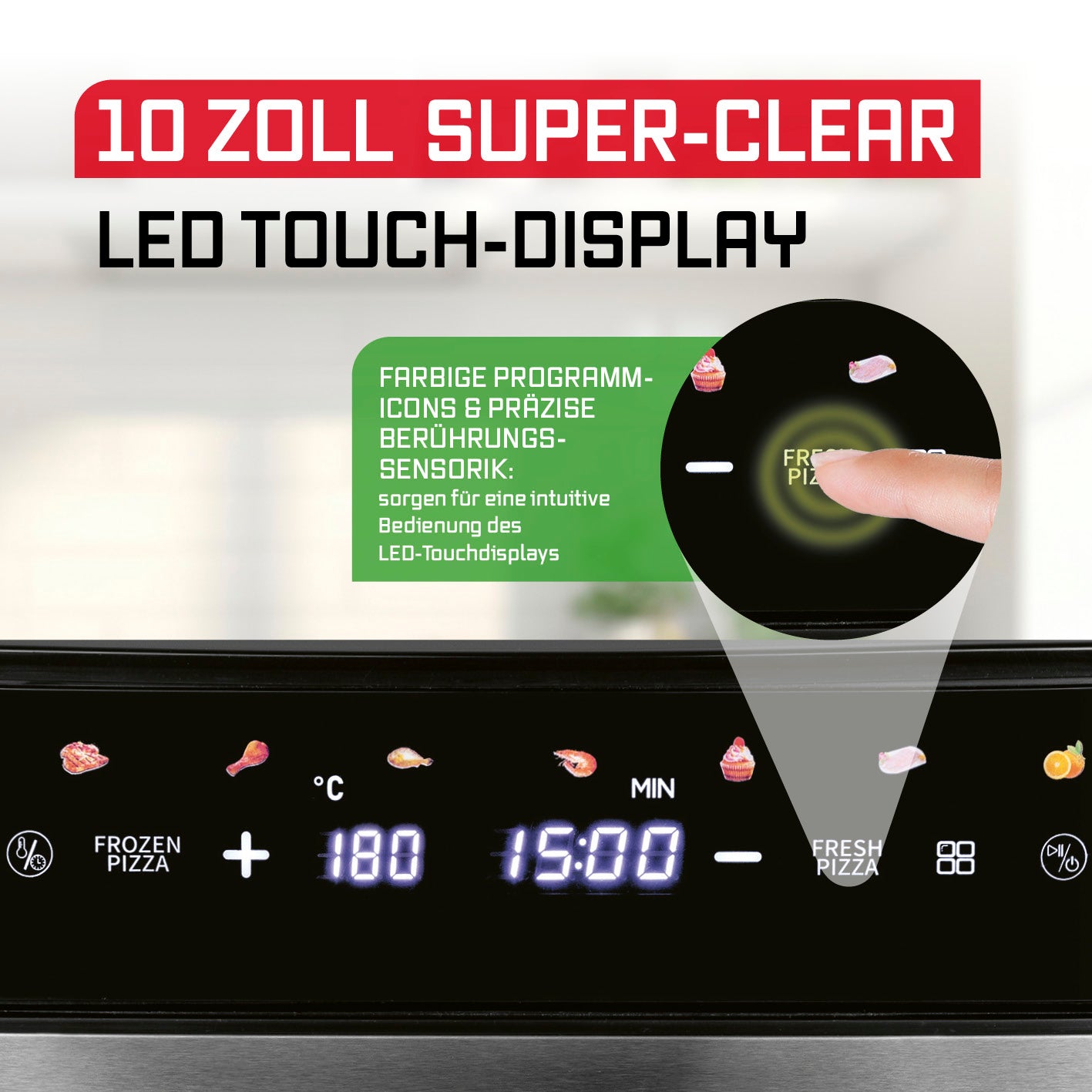Heißluftfritteuse mit XXL-Garfläche - 7 Liter mit 10 Zoll LED-Touchscreen, präziser Timersteuerung und bunten Programmicons.