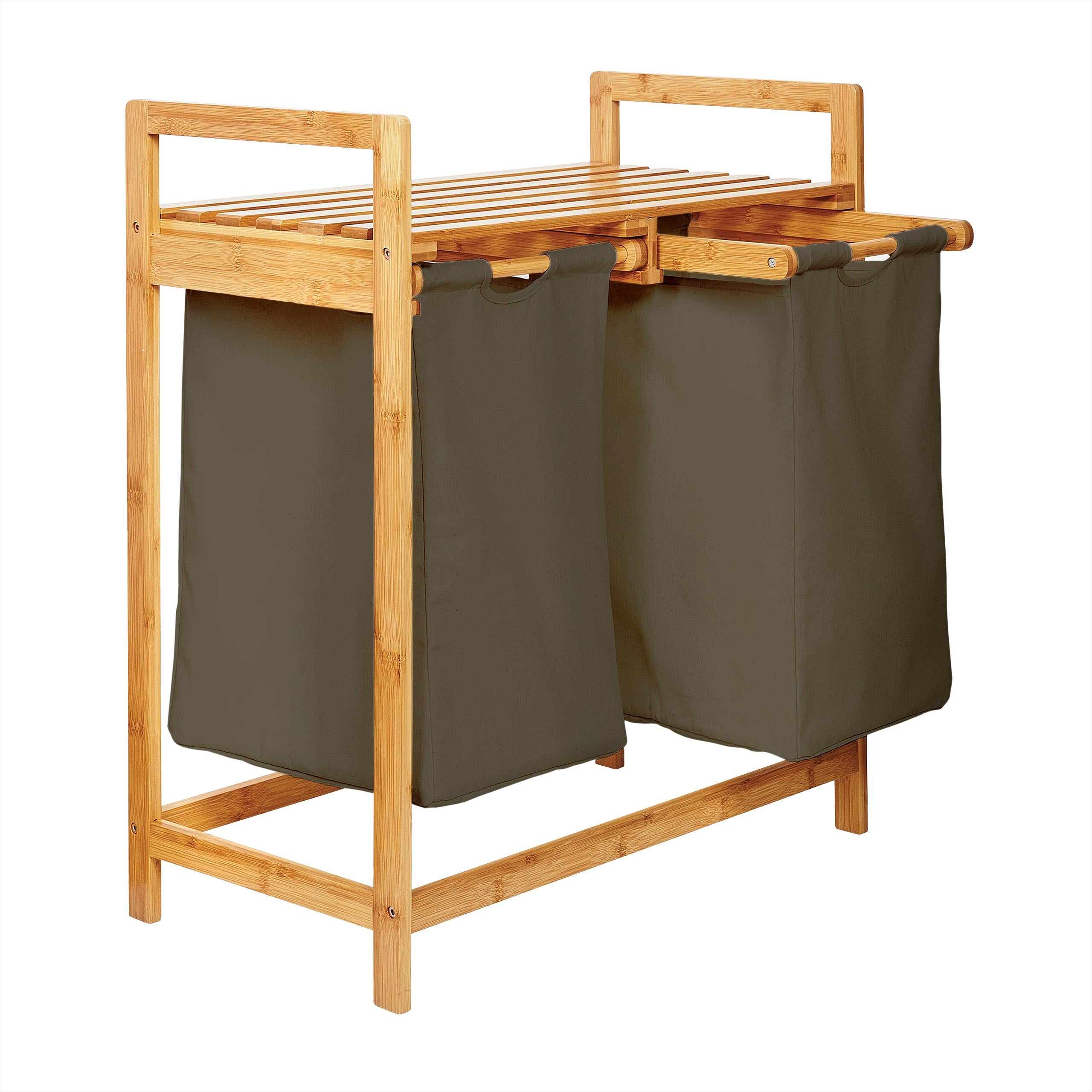 Bambus Wäschekorb mit 2 ausziehbaren Wäschesäcken in Oliv, 73x64x33 cm, wasserabweisend, stabil und stilvoll.