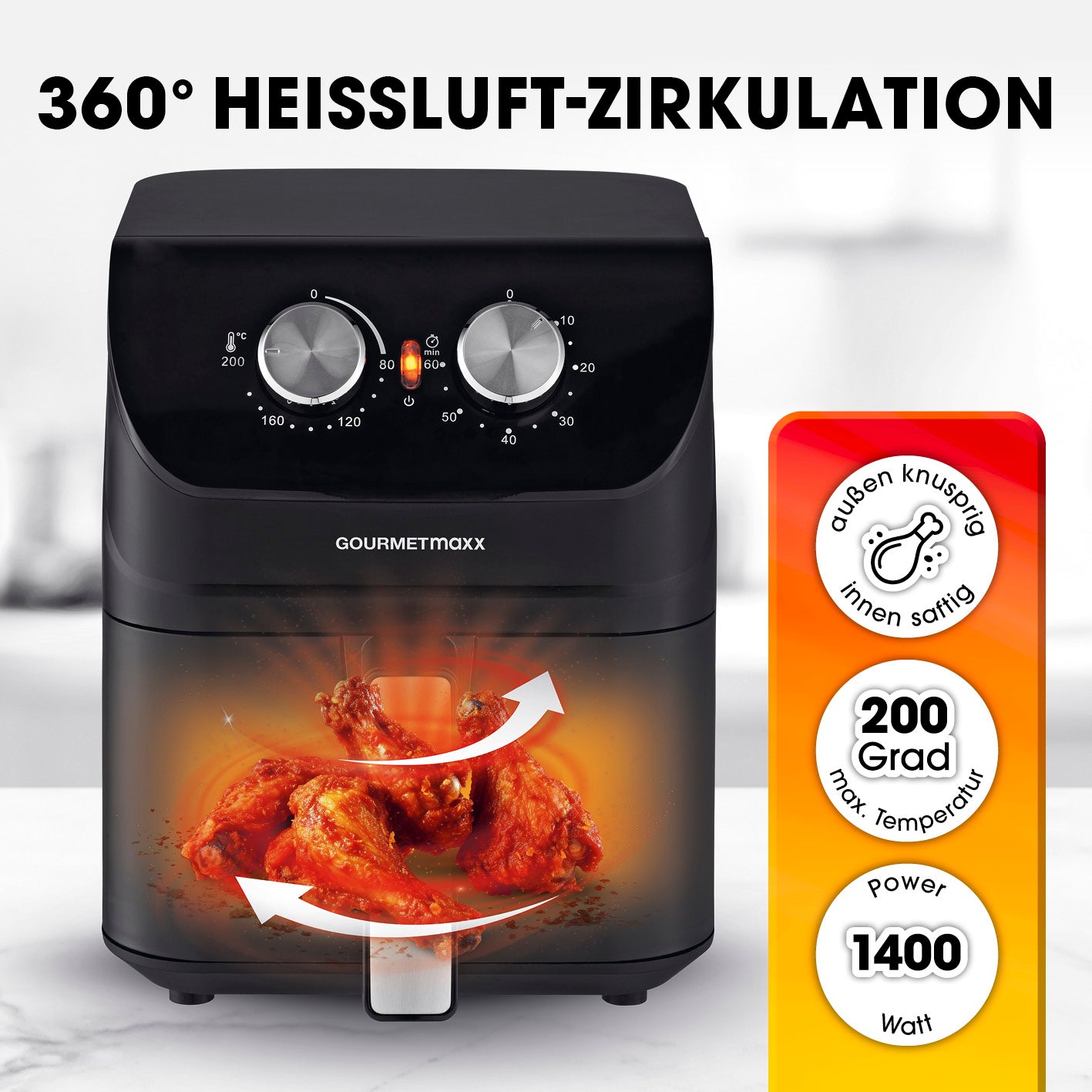 Heißluftfritteuse mit 4 Litern Fassungsvermögen - 1400 Watt, 360° Heißluftzirkulation für knusprig-saftige Gerichte.
