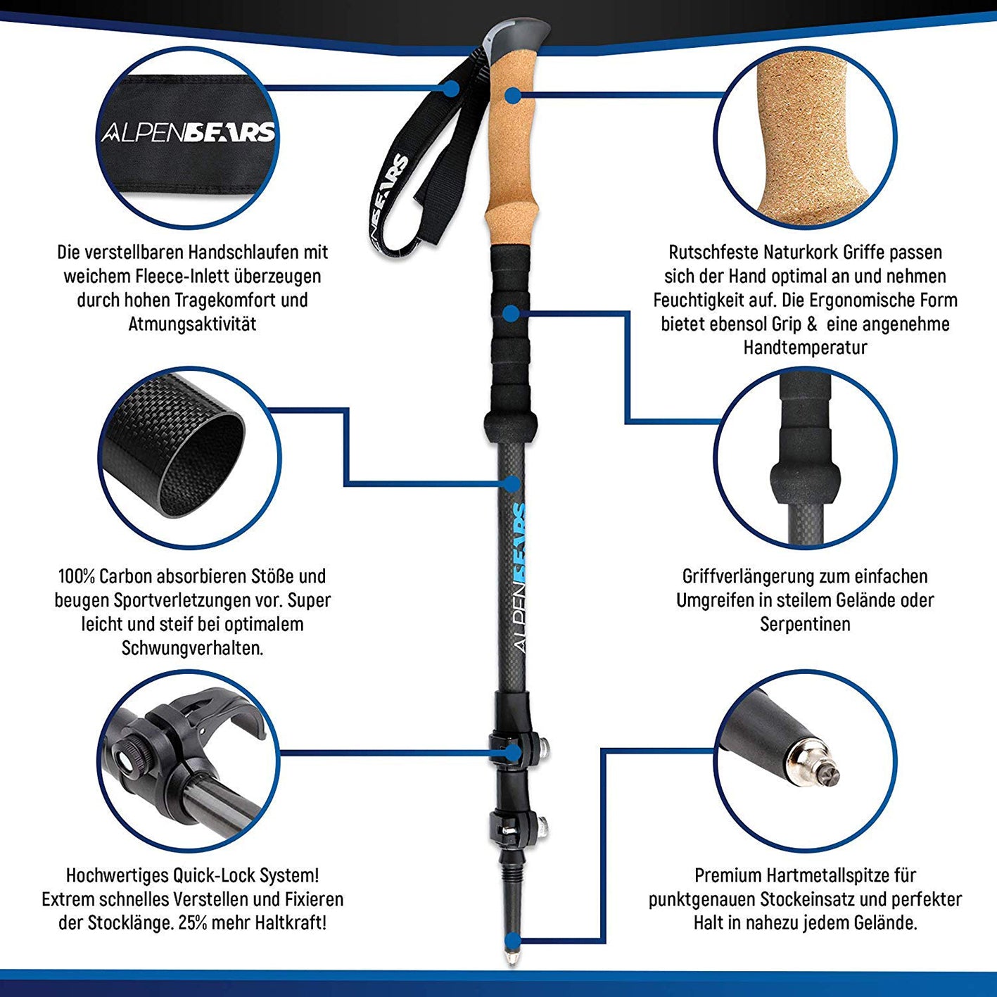 Teleskop Wanderstöcke mit Gummipuffer Set - Carbon, leicht, verstellbar, Korkgriffe, Quick-Lock, stoßabsorbierend, stabile Hartmetallspitze