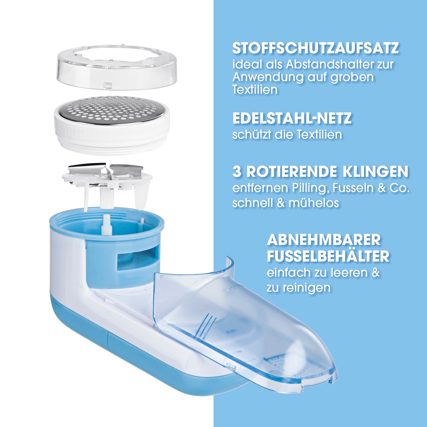 Fusselrasierer mit 3 Klingen, Edelstahl-Netz und abnehmbarem Behälter zur einfachen Entfernung von Fusseln und Pilling.