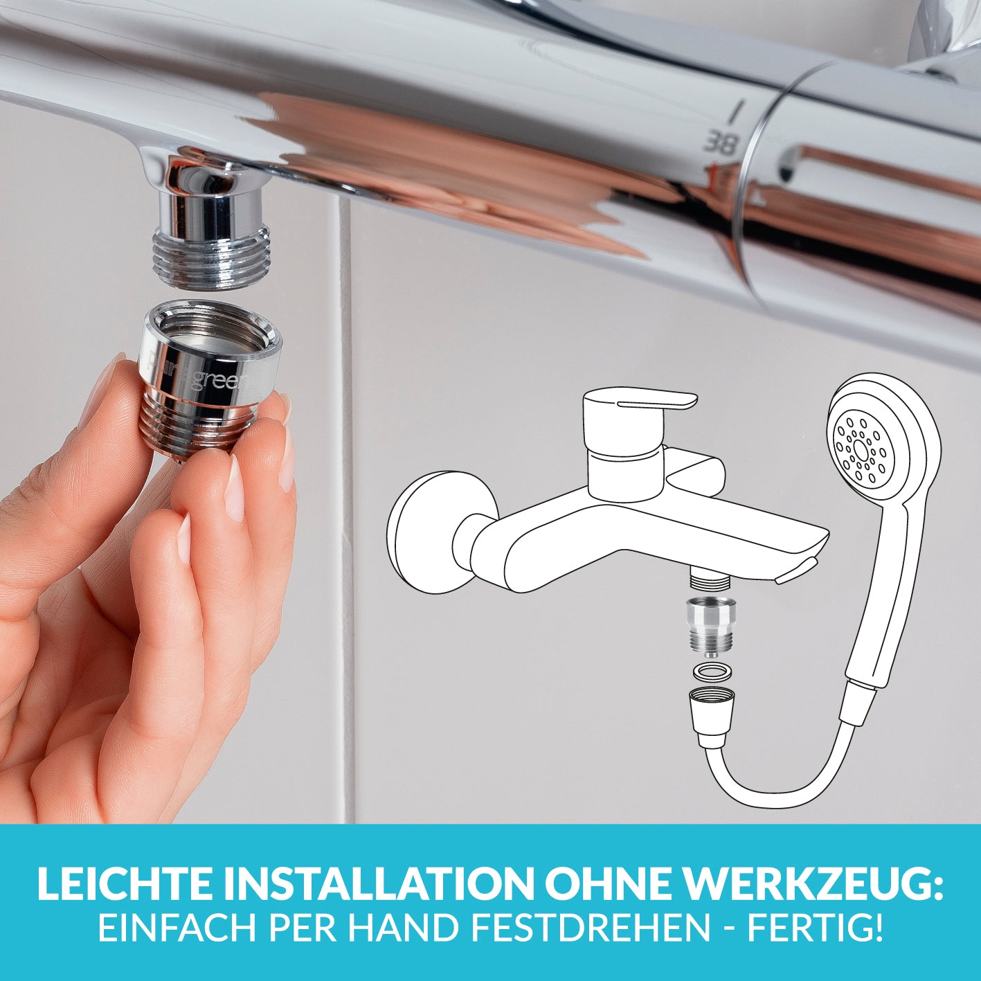 Wassersparer für die Dusche in chromfarben, einfache Montage ohne Werkzeug, spart bis zu 50 Prozent Wasser bei konstantem Strahl.