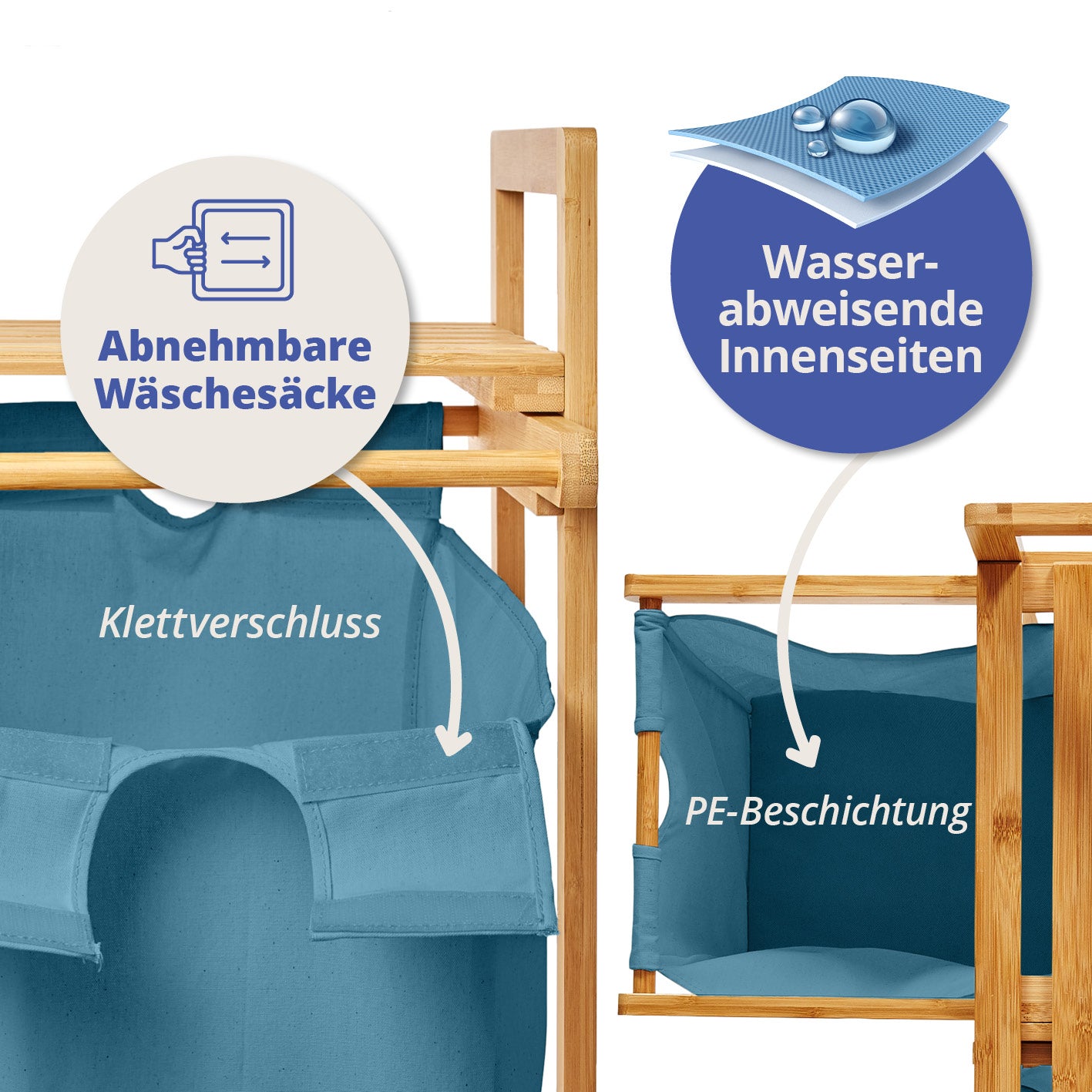 Bambus Wäschekorb mit 2 ausziehbaren Wäschesäcken - 73 x 64 x 33 cm - Blau mit abnehmbaren Wäschesäcken und wasserabweisendem Innenfutter.