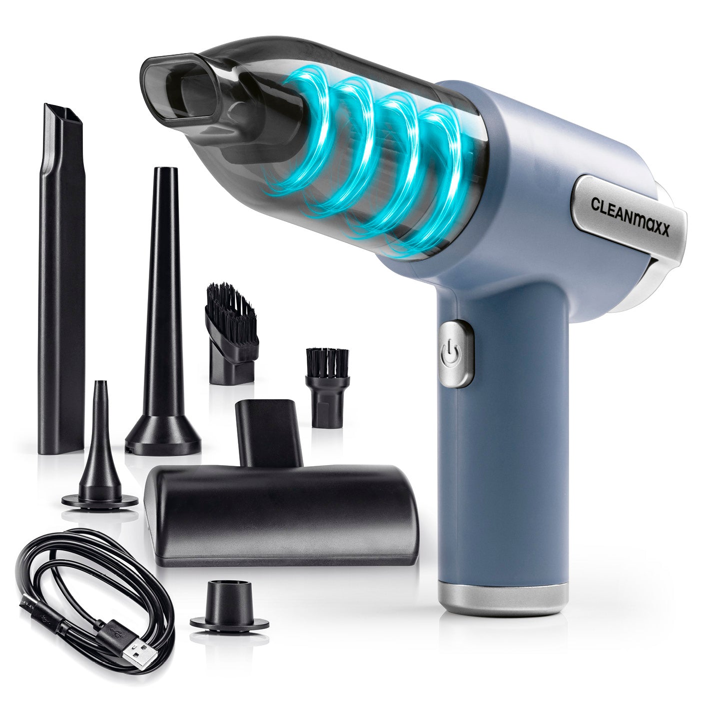 2in1-Akkusauger mit 5 kPa Saugleistung, kabellos, vielseitig mit Düsen-Set und USB-C-Ladekabel für Haushalt und Auto.