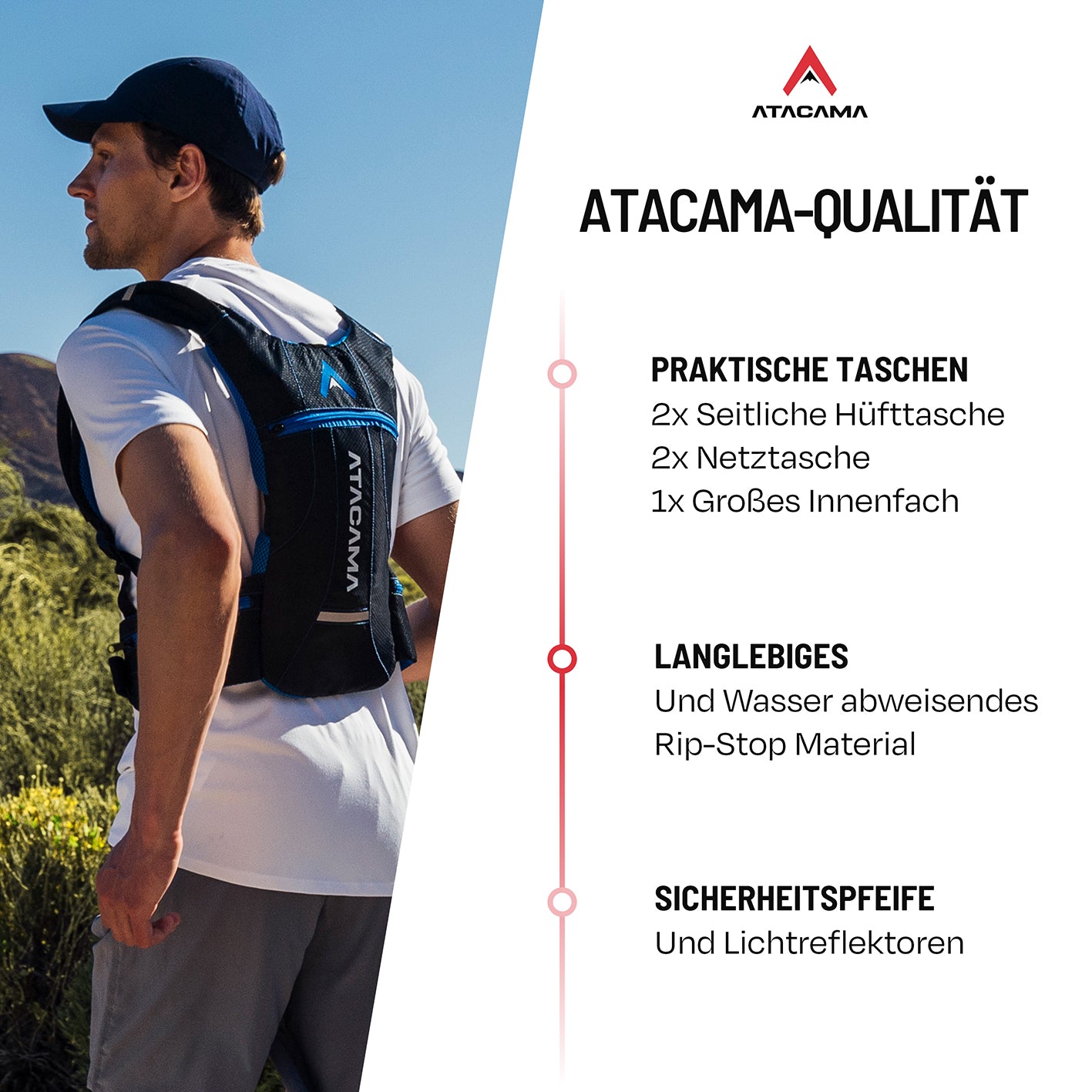 Mann trägt Trinkrucksack für 2 L Trinkblase - Blau mit praktischen Taschen und wasserabweisendem Material beim Wandern
