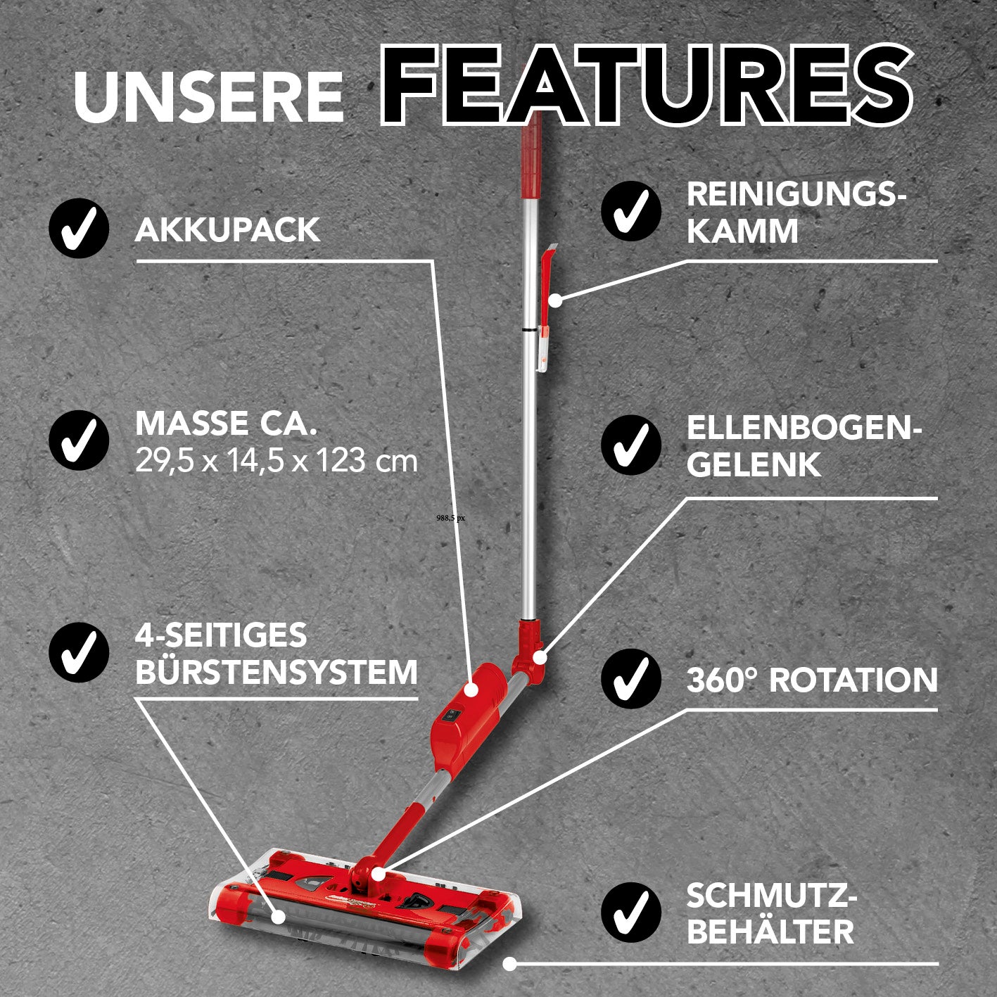 Swivel Sweeper G 2 Akkubesen kabellos - Rot mit 4-seitigem Bürstensystem, 360° Rotation und flexiblem Ellenbogengelenk für einfaches Putzen