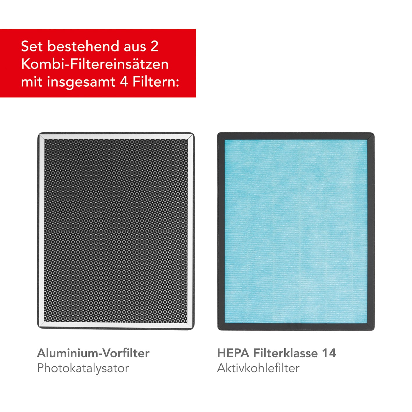 Filterset für Luftreiniger High Performance mit 2 Kombi-Filtern Aluminium-Vorfilter und HEPA Filterklasse 14 für reine Raumluft.