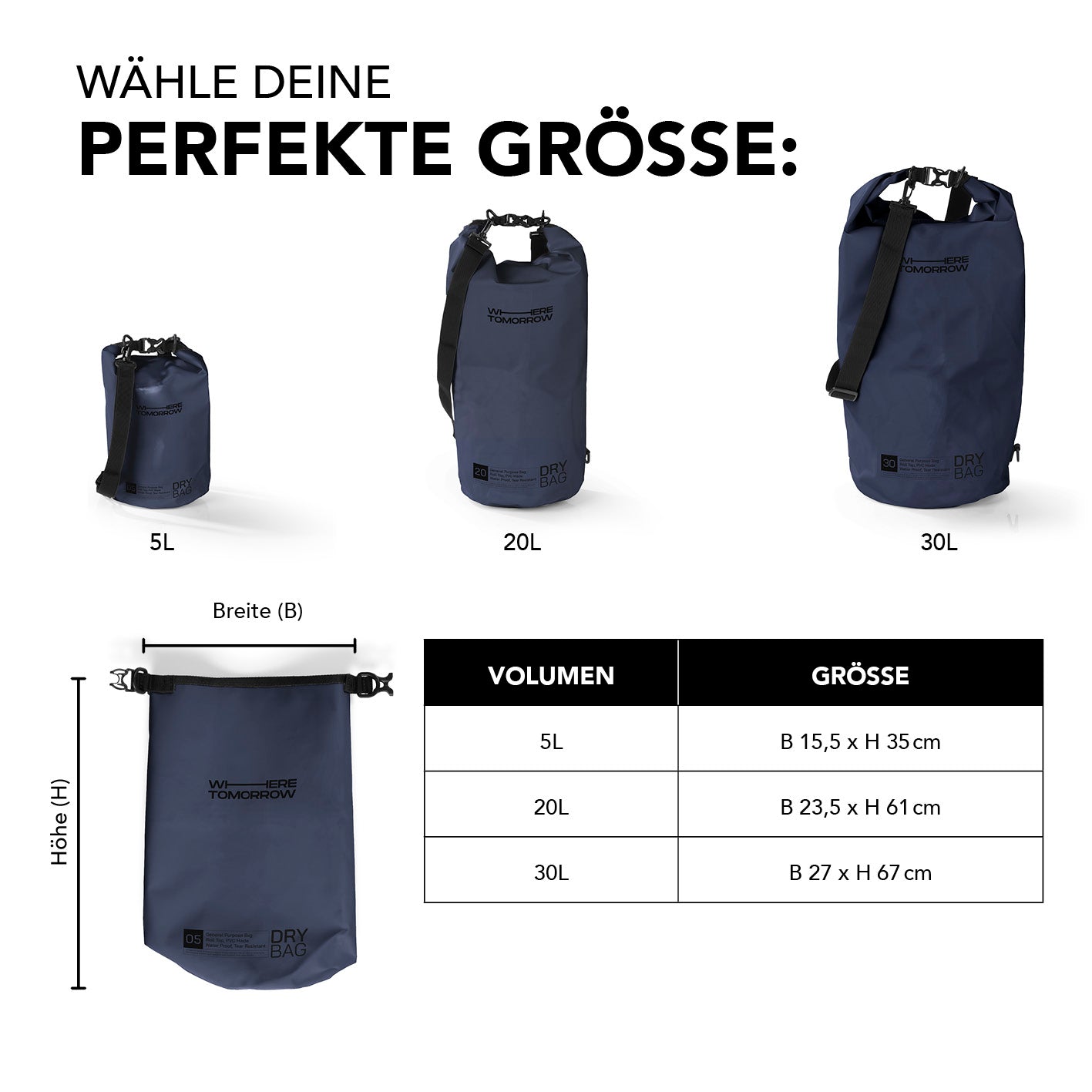 Dry Bag 5L - Style 01 - Dunkelblau, wasserdichter, robuster Outdoor-Rucksack mit verstellbarem Schultergurt und praktischem Rolltop-Verschluss.