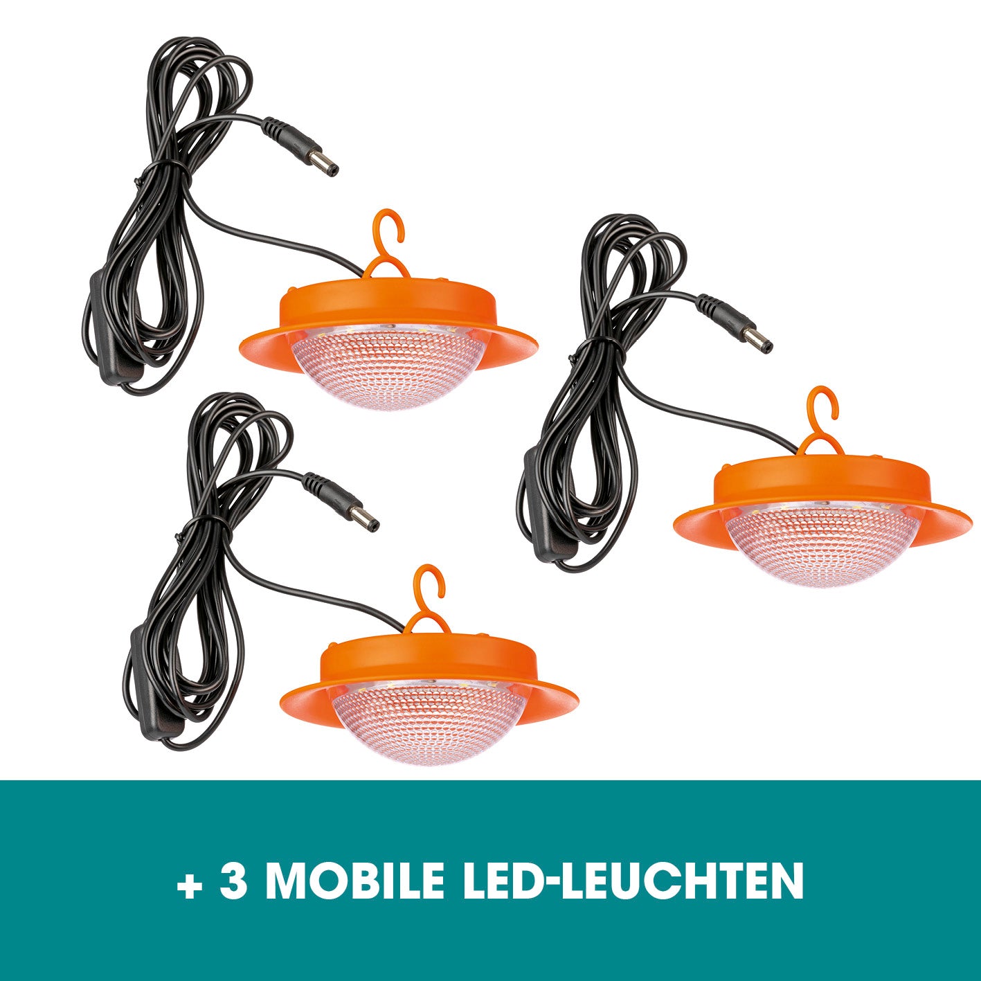 Solar-Generator Kit 10000mAh mit 3 mobilen LED-Leuchten, Ladekabeln und praktischem Aufhängungshaken für flexible Beleuchtung unterwegs.