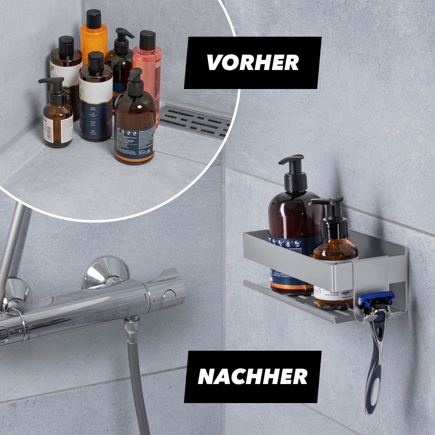 Dusch-Organizer zum Kleben oder Bohren - Silber zur platzsparenden Aufbewahrung von Shampoo und Duschgel mit Hakenleiste und Wasserrillen.