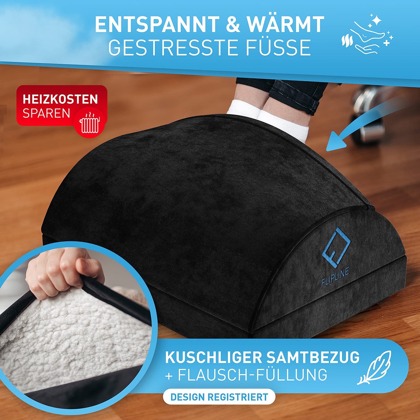 Schreibtisch-Fußstütze mit Fußtasche - Schwarz aus samtigem Material für warme, entspannte Füße und ergonomische Unterstützung im Alltag.