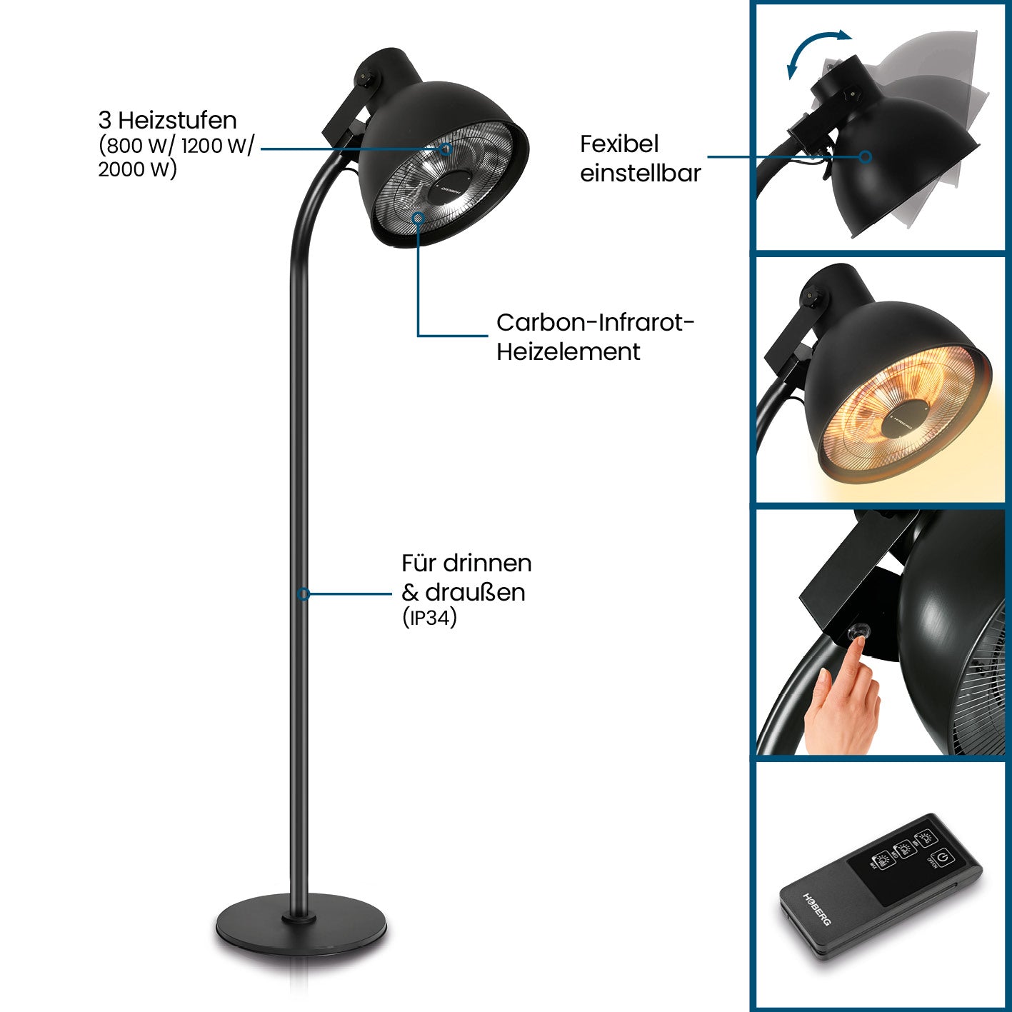 Infrarot-Heizstrahler mit Standfuß, flexiblem Kopf, 3 Heizstufen, Carbon-Infrarot-Heizelement und Fernbedienung, für drinnen und draußen.