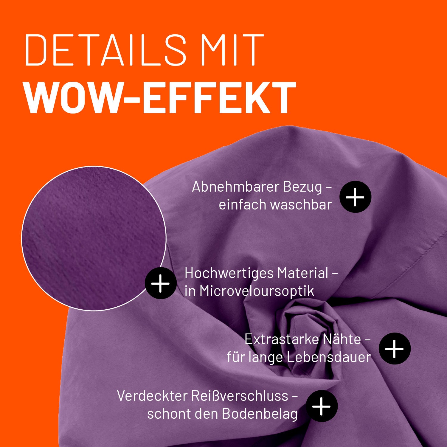 Luxury XL PLUS Sitzsack (220 L) in Lila mit abnehmbarem, waschbarem Bezug aus hochwertigem Microveloursmaterial.