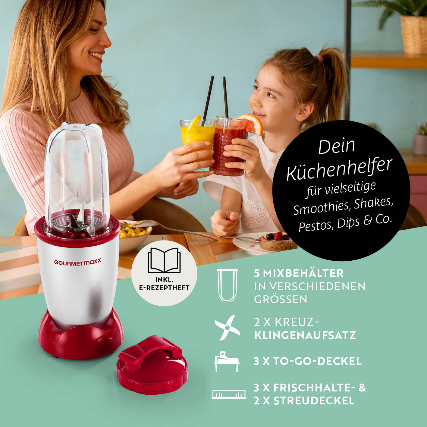 Mr. Magic Power 400 Pro mit Zubehörset XL - Silber/Rot kompakter Mixer mit Zubehör für vielseitige Küchenanwendungen und frische Getränke