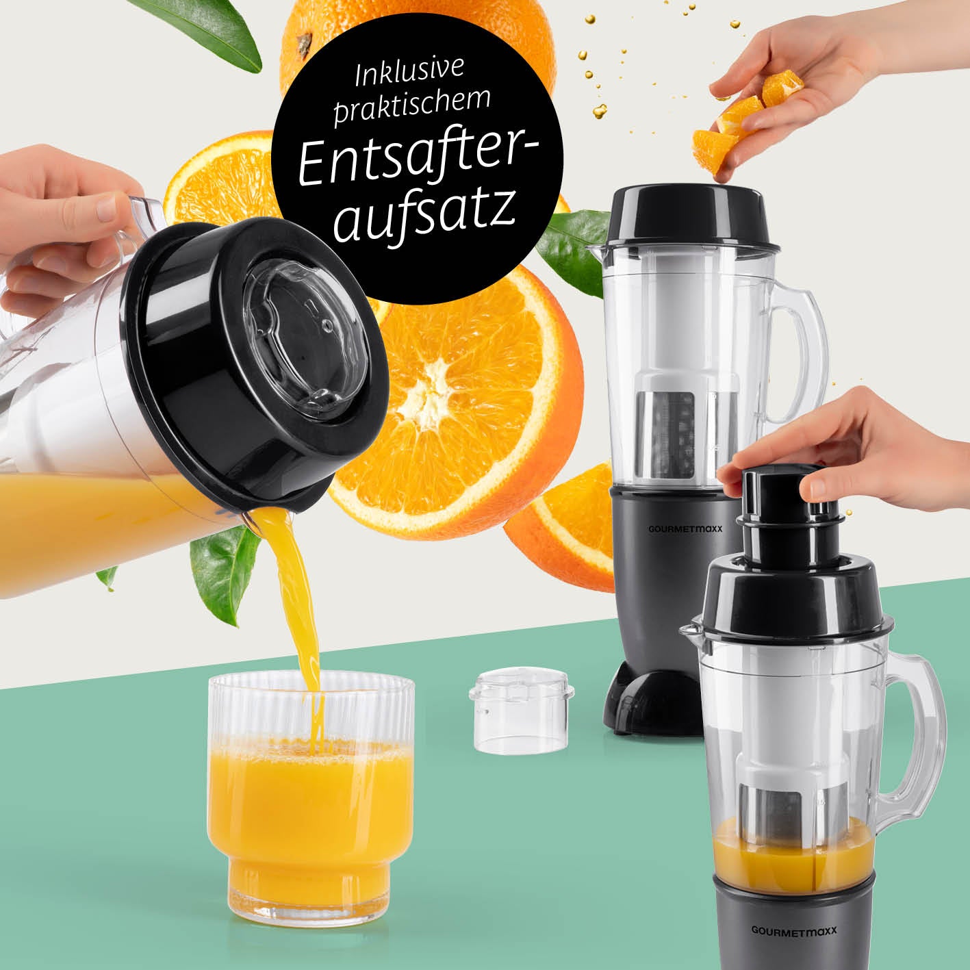Mr. Magic Power 400 Pro mit Zubehörset XL - Anthrazit/Schwarz zeigt Entsafteraufsatz und frisch gepressten Orangensaft.