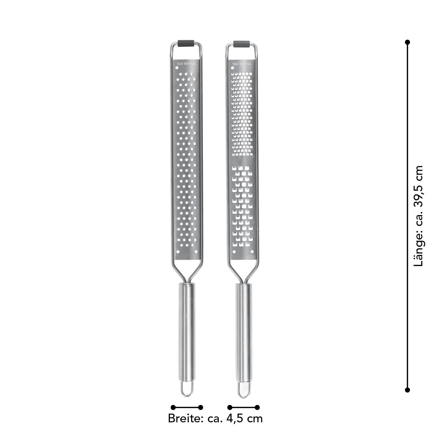 Zester Reibe - 2er-Set mit edlem Edelstahlgriff und zwei Reiben für feines bis grobes Reiben von Zitrus und mehr.