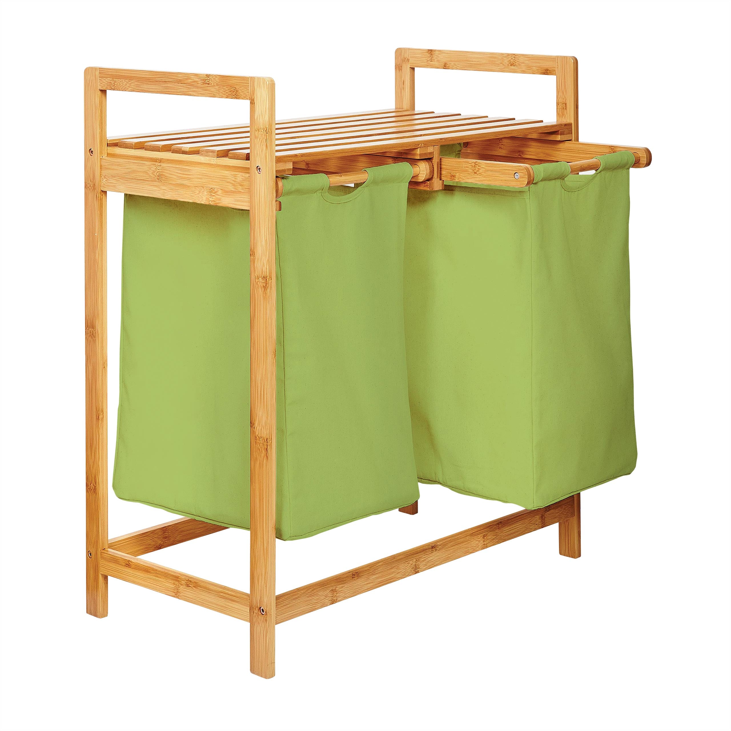 Bambus Wäschekorb mit 2 ausziehbaren Wäschesacken Grün, 73x64x33 cm, wasserabweisend, stabil und pflegeleicht für ordentliches Wäschesortieren.