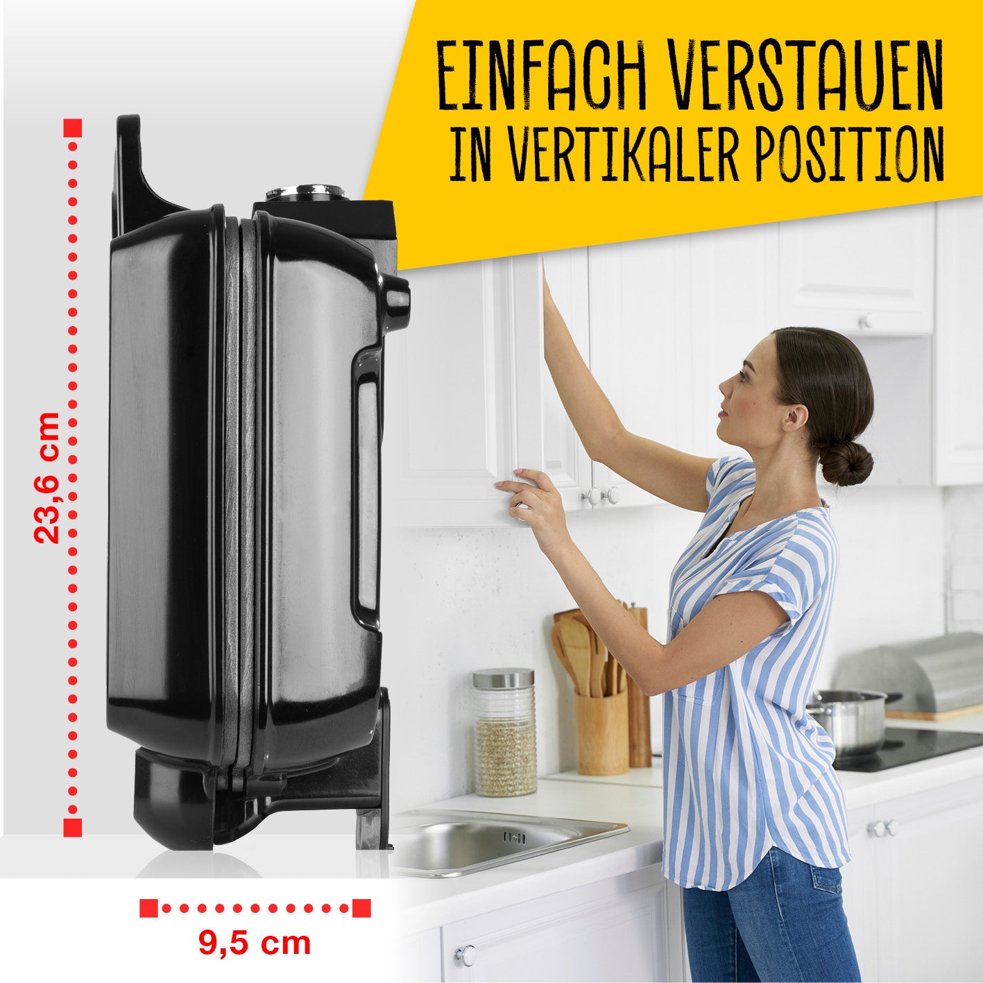 Waffeleisen für Belgische Waffeln platzsparend in vertikaler Position mit 2 Heizelementen und antihaftbeschichteten Platten.