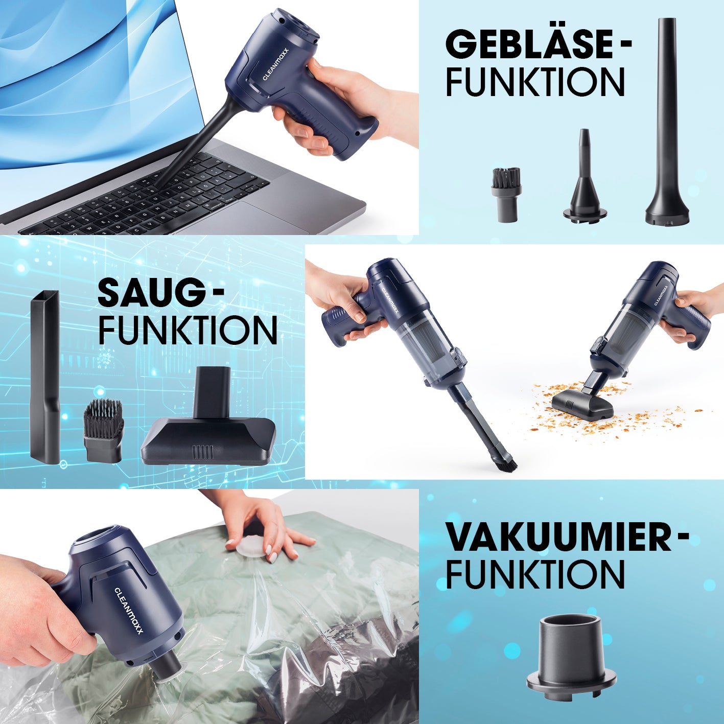 2in1-Akkusauger mit Saug- & Gebläsefunktion zeigt vielseitige Nutzung mit Aufsätzen für Saugen, Gebläse und Vakuumieren bei Laptop, Krümeln, Kleidung.