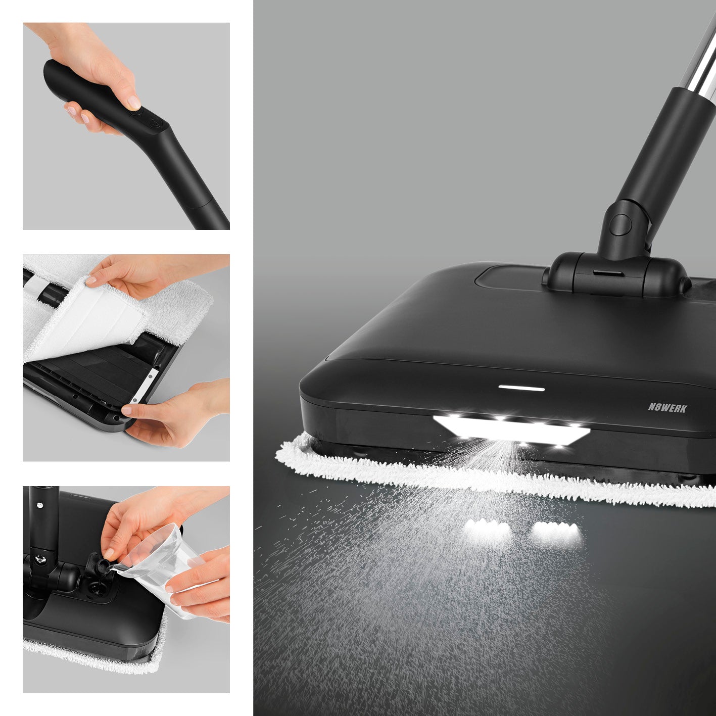 Akku-Vibrationsmopp Midnight Black Edition mit LED-Beleuchtung, Sprühfunktion und vibrationsunterstützter Reinigung für alle Böden.