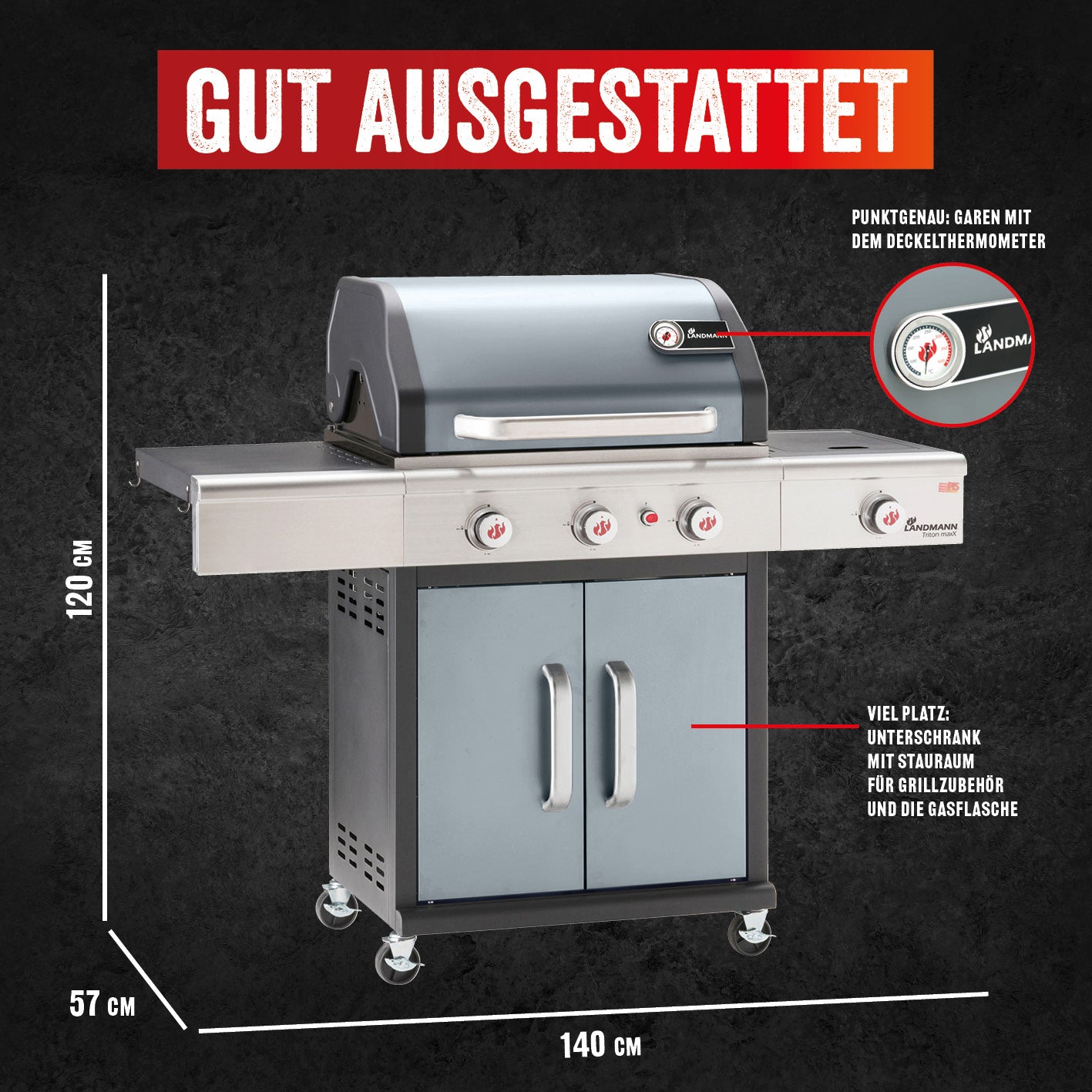 Triton 3.1 maxX Gasgrill mit Infrarotseitenbrenner, Edelstahl, Thermometer, viel Stauraum, 140x57x120 cm, moderner Garten-Grill.
