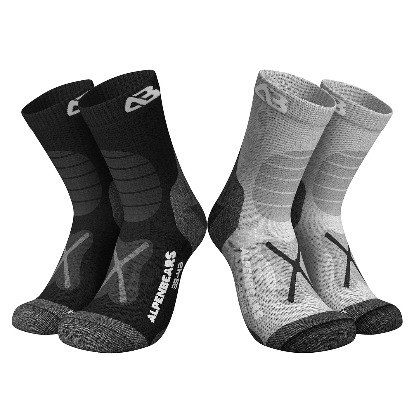Wandersocken Merinowolle - 2er-Set - Grau-Schwarz - Größe 43-38, atmungsaktiv, anti-Blasen, mit Polsterung für Wandertouren.
