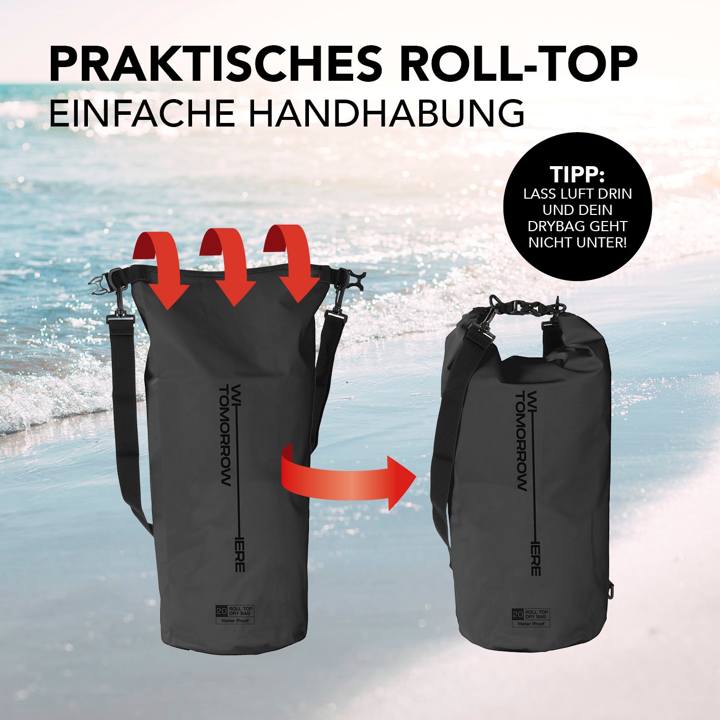 Dry Bag 20L - Style 02 - Schwarz mit praktischem Rolltop-Verschluss, wasserfest und robust für Outdoor-Abenteuer.