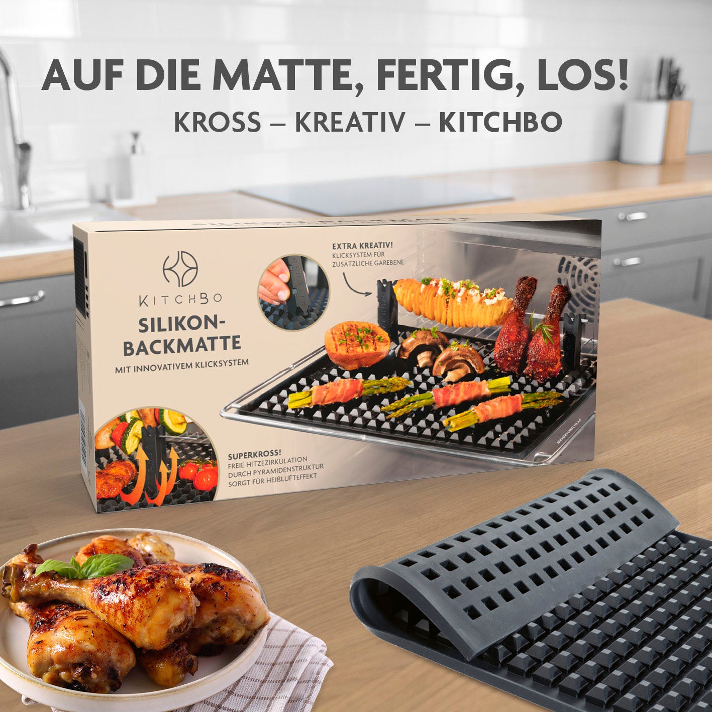 Starter Set - Silikon-Backmatte mit Klicksystem, 2 Spießen, 4 Steinen und Schwamm für krosse und fettarme Zubereitung.