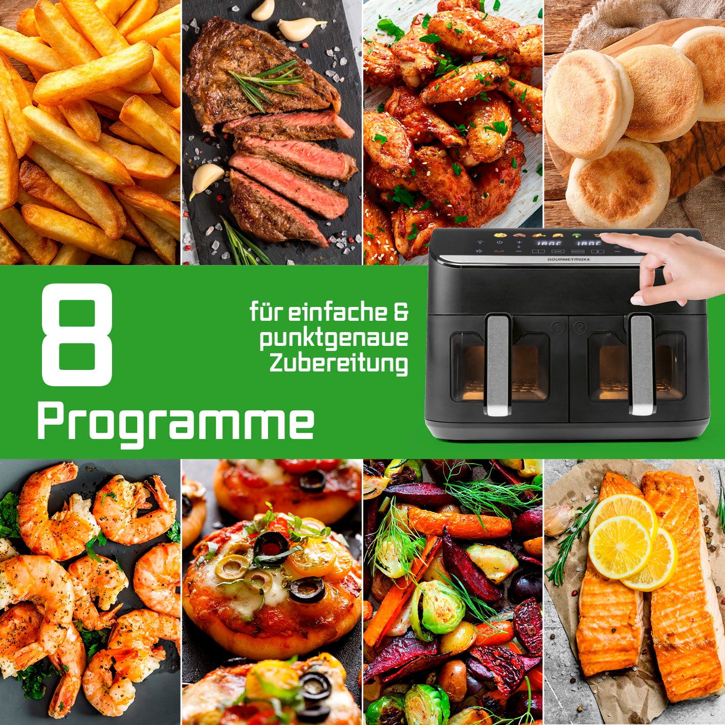 Doppelkammer-Heißluftfritteuse - 9 Liter mit 8 Programmen für fettarmes Zubereiten von Pommes, Steak, Gemüse, Pizza und mehr.