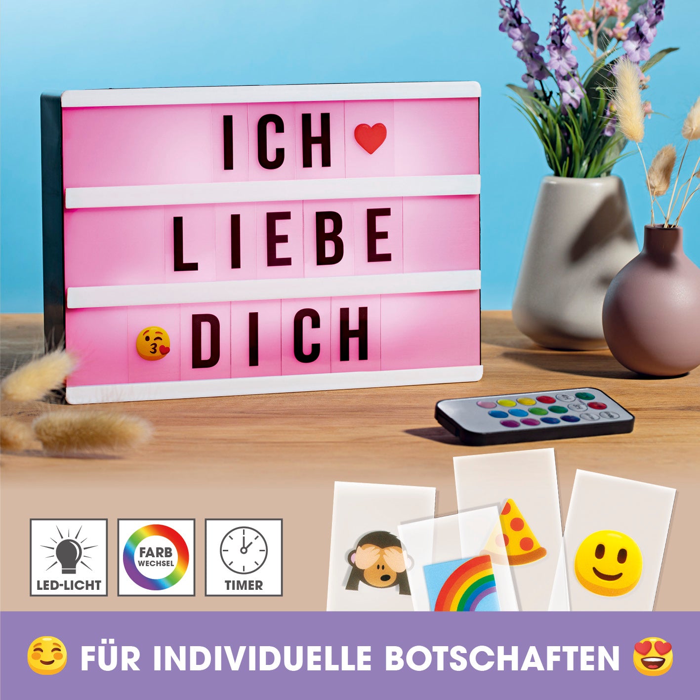 LED-Leuchtkasten A5 - 173 Buchstaben & 150 Emojis mit Farbwechsel, Timerfunktion und individuellen Textbotschaften für Deko und Party.