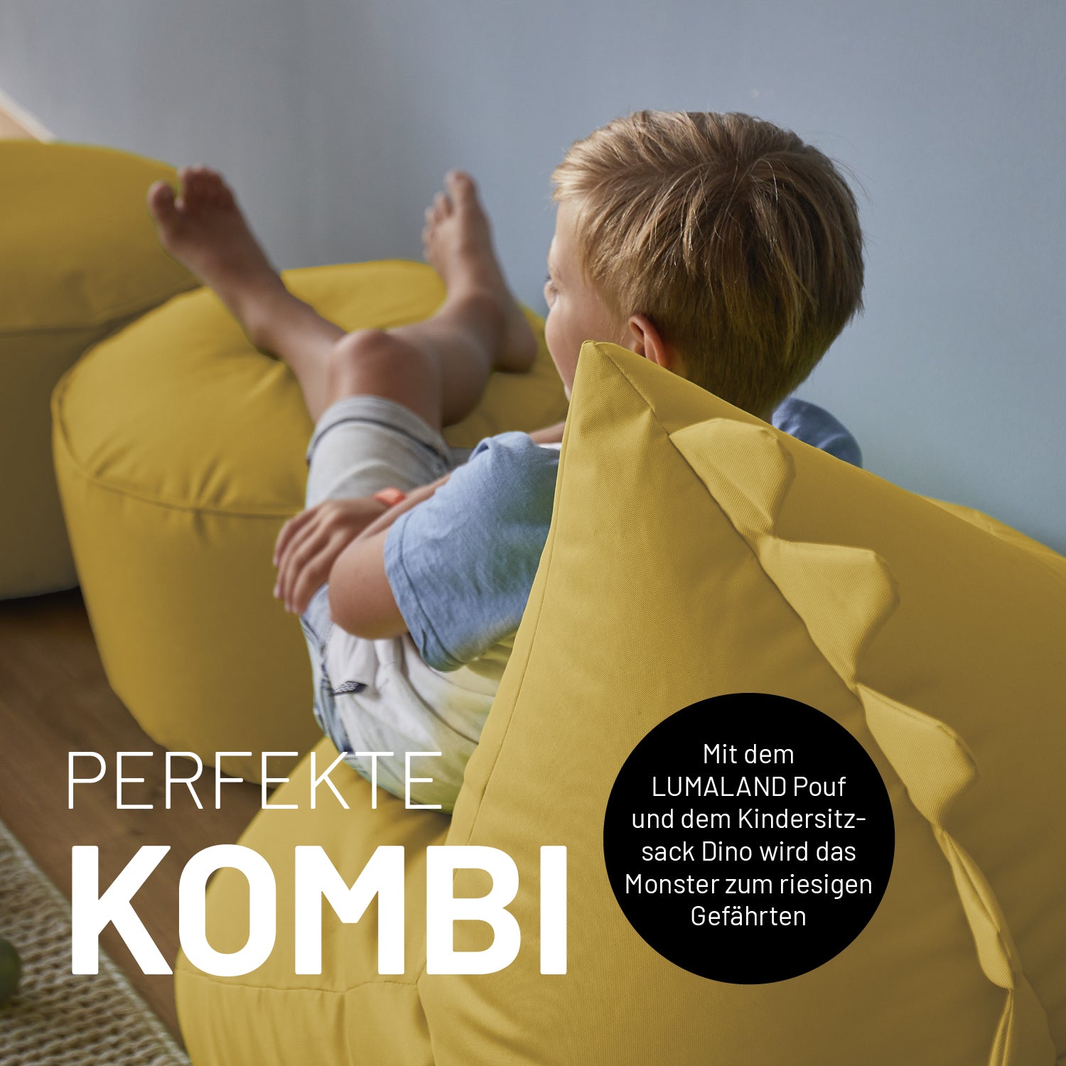 Kindersitzsack-Set "Dino" (2-tlg.) in Senfgelb, wasserabweisend, indoor & outdoor, mit Kopf- und Hinterteil als gemütlicher Kindersitzsack.