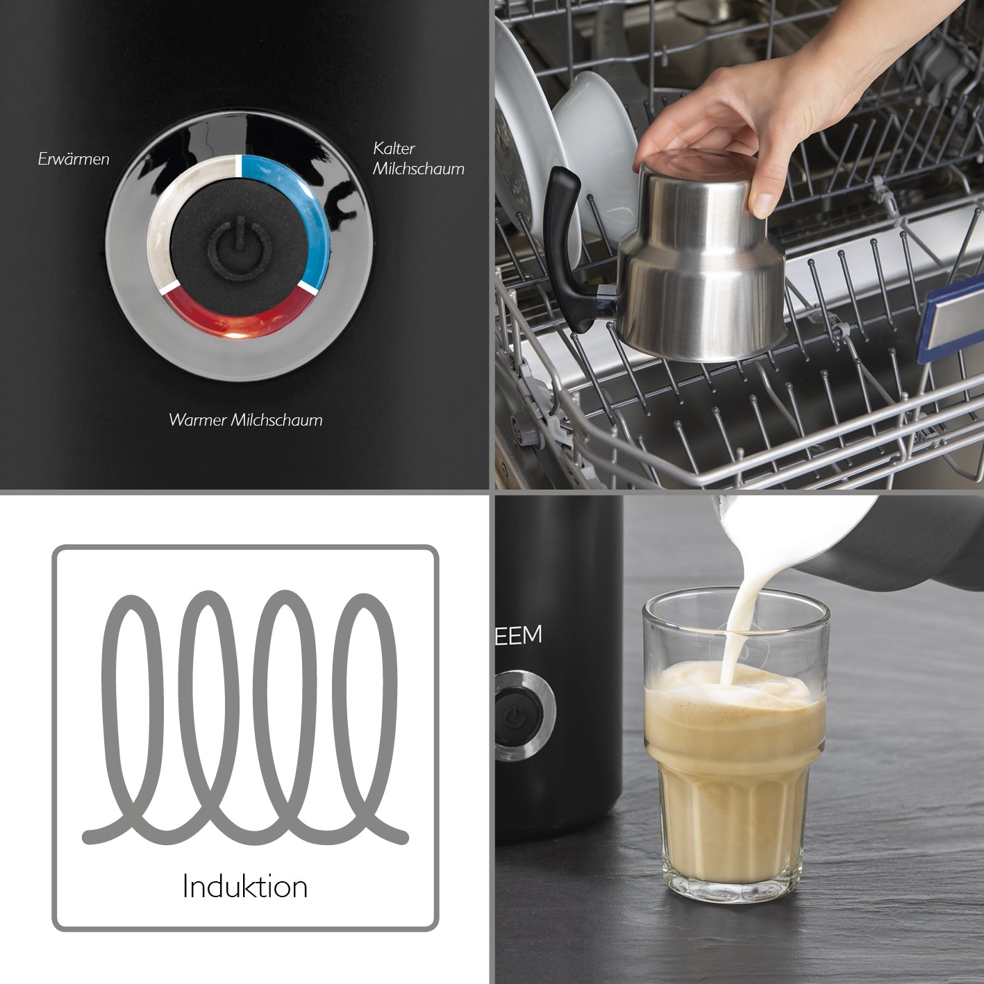 MILK-PERFECT Induktions-Milchaufschäumer mit LED-Anzeige, spülmaschinenfester Kanne und 260ml Milchschaumfunktion.