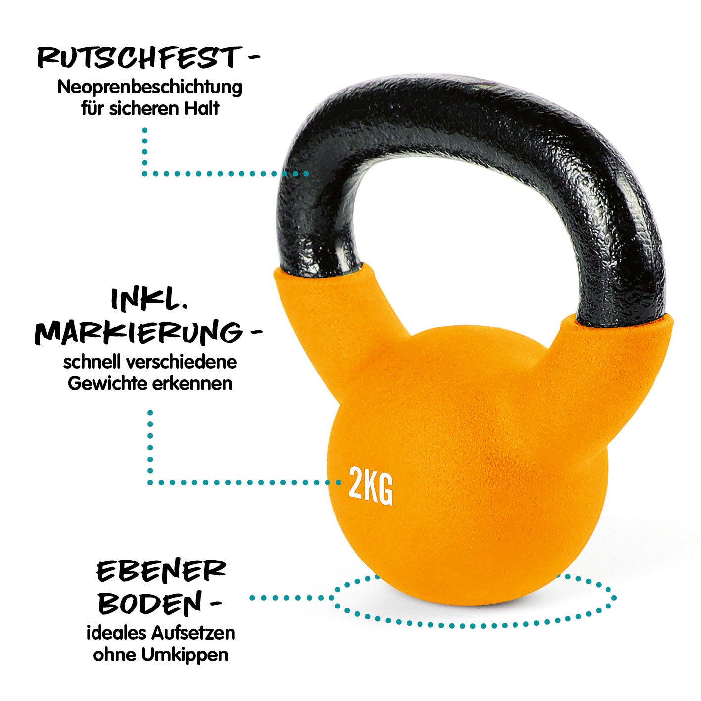 Kettlebell - Kugelhantel aus Gusseisen - 2 kg mit Neoprenbeschichtung, rutschfest und farblich markiert für sicheres Training.