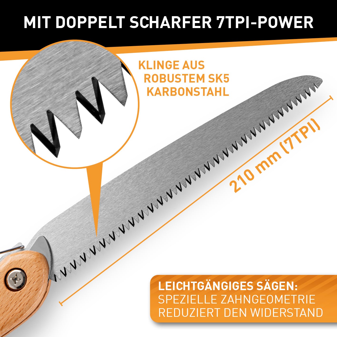Klappbare Handsäge aus Karbonstahl - 21 cm mit 210 mm Klinge und doppelt scharfer 7TPI Zahnung für präzises, leichtgängiges Sägen.
