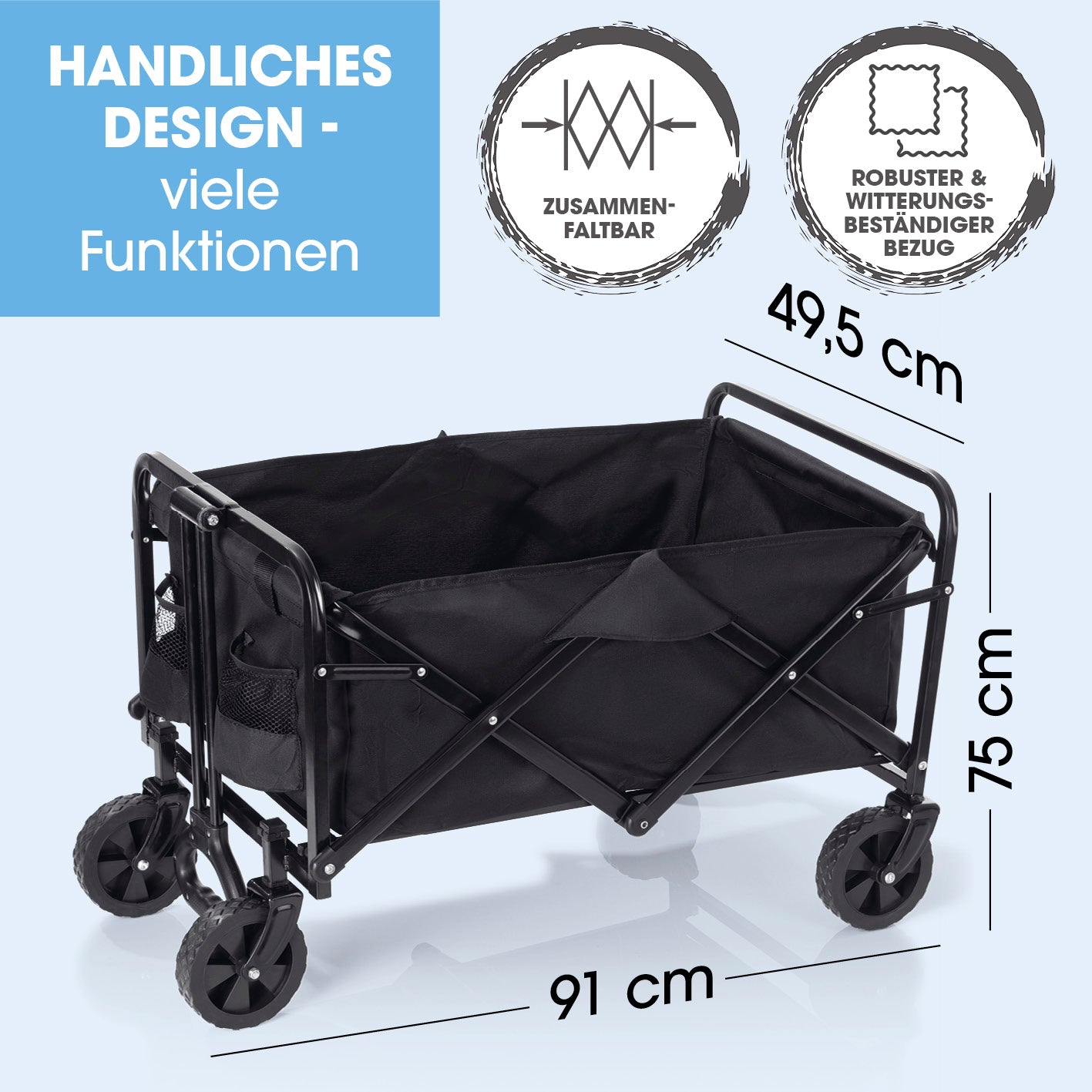 Bollerwagen mit kleinen Rädern - faltbar, stabiler Stahlrahmen, witterungsbeständiger Bezug, 360° drehbare Vorderräder, faltbar, 80 kg Tragfähigkeit.