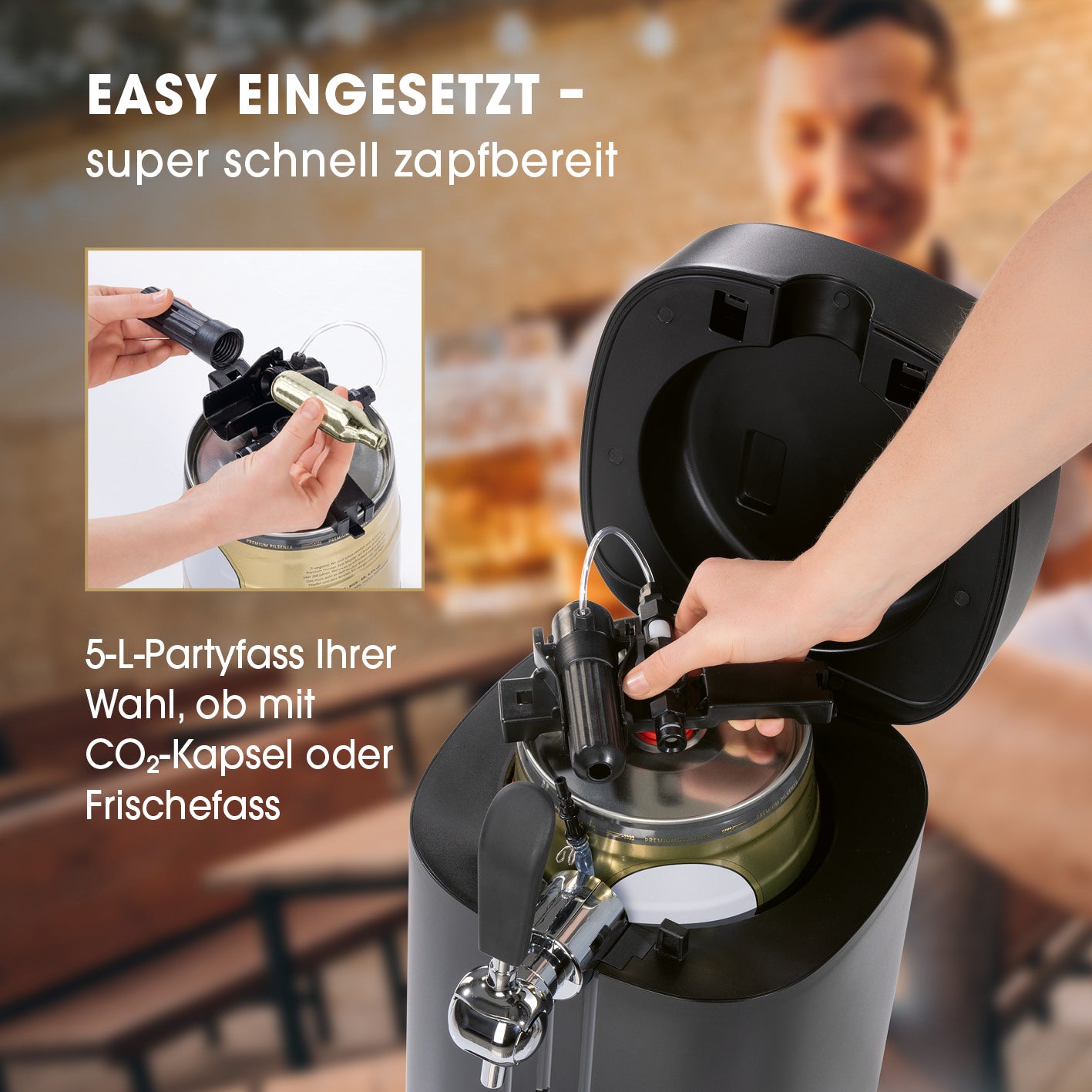 Bierzapfanlage - Zapfen wie die Profis mit 5-L-Partyfass und CO2-Kapseln für frisches Fassbier und einfache Handhabung.
