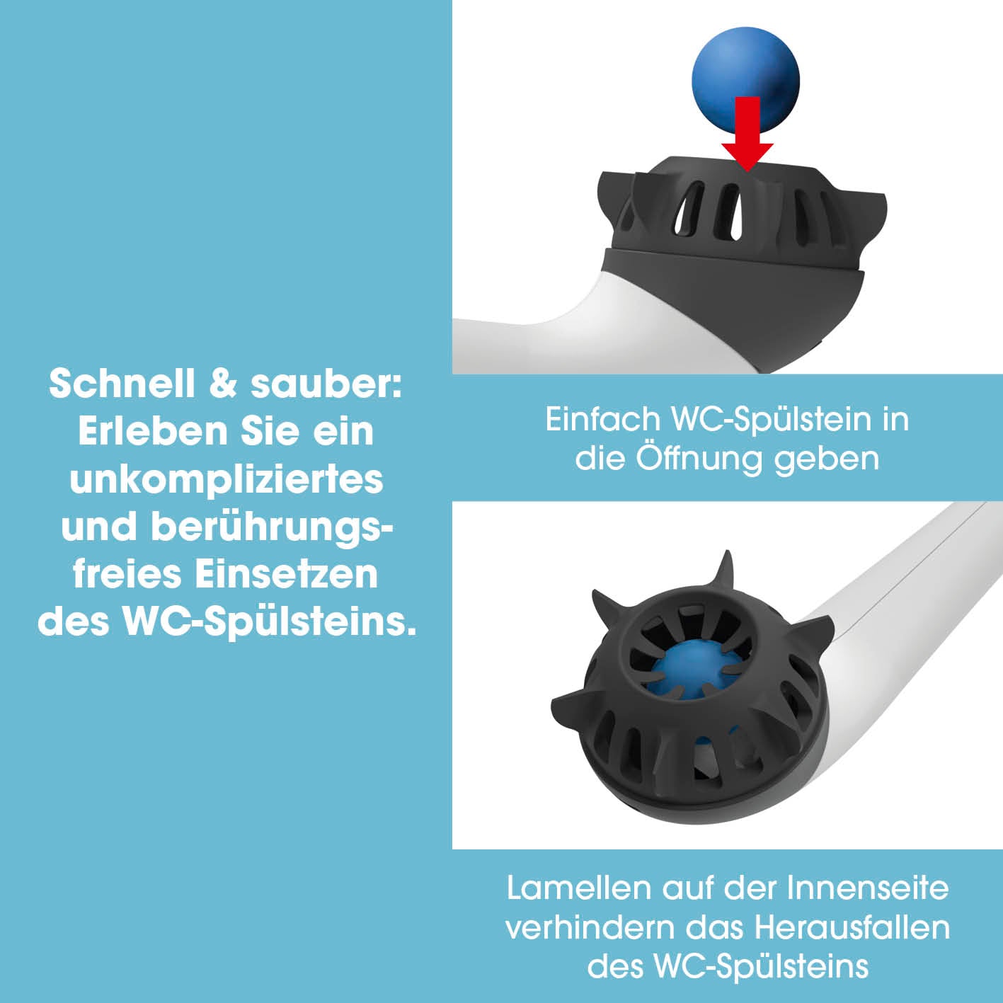 WC-Bürste - 2 in 1-Klick-System - weiß/schwarz mit integriertem WC-Spülstein und Silikonlamellen für einfache und hygienische Anwendung.