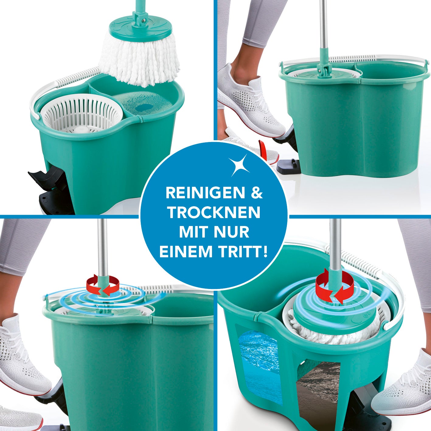 Power-Wischmopp - Zwei-Kammer-Filtersystem - türkis, Set mit Eimer zum Auswringen ohne Bücken für streifenfreie Sauberkeit.